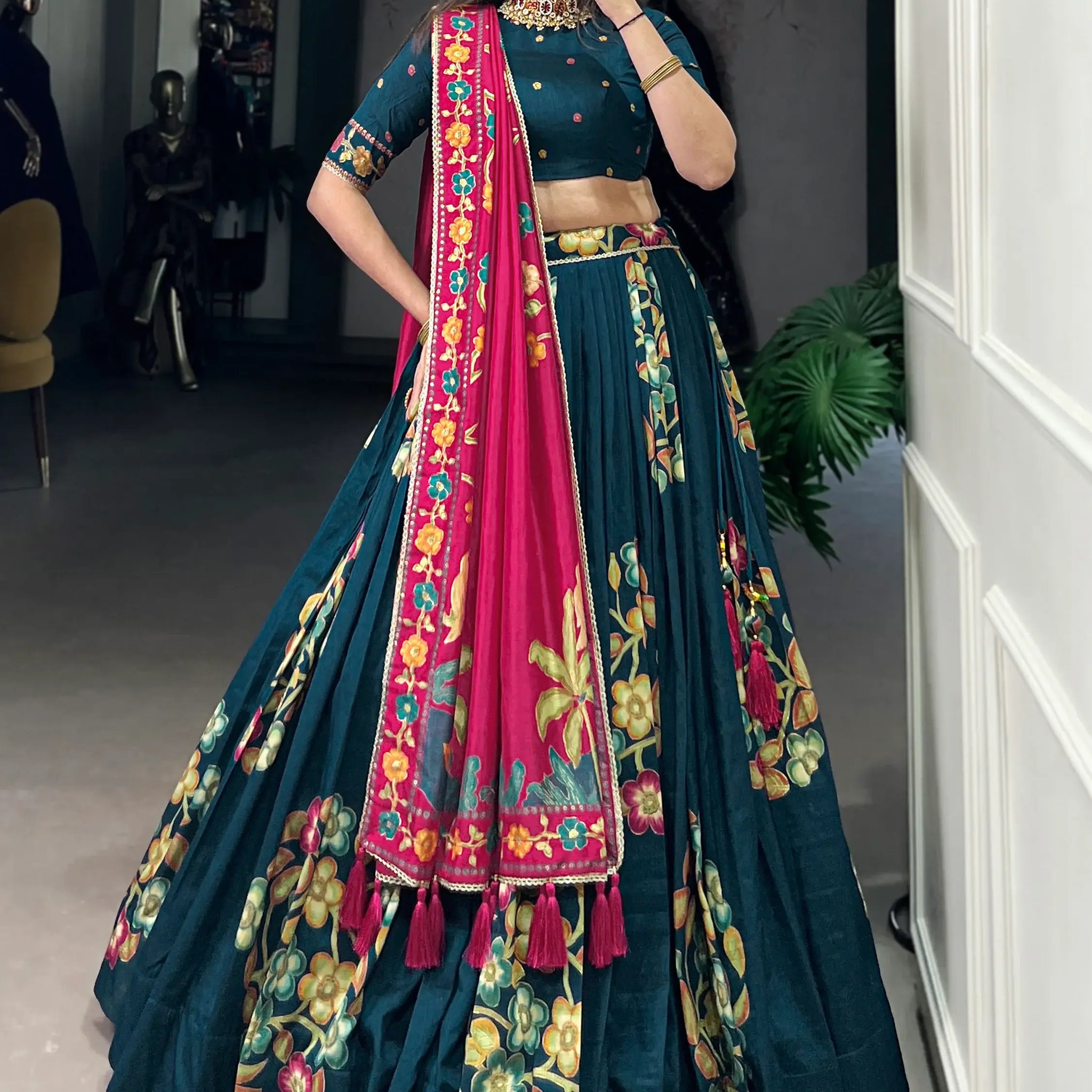 Dazzling Teal Blue Foil Work Tussar Silk Lehenga Choli With Dupatta - Zeel Clothing