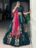 Dazzling Teal Blue Foil Work Tussar Silk Lehenga Choli With Dupatta - Zeel Clothing
