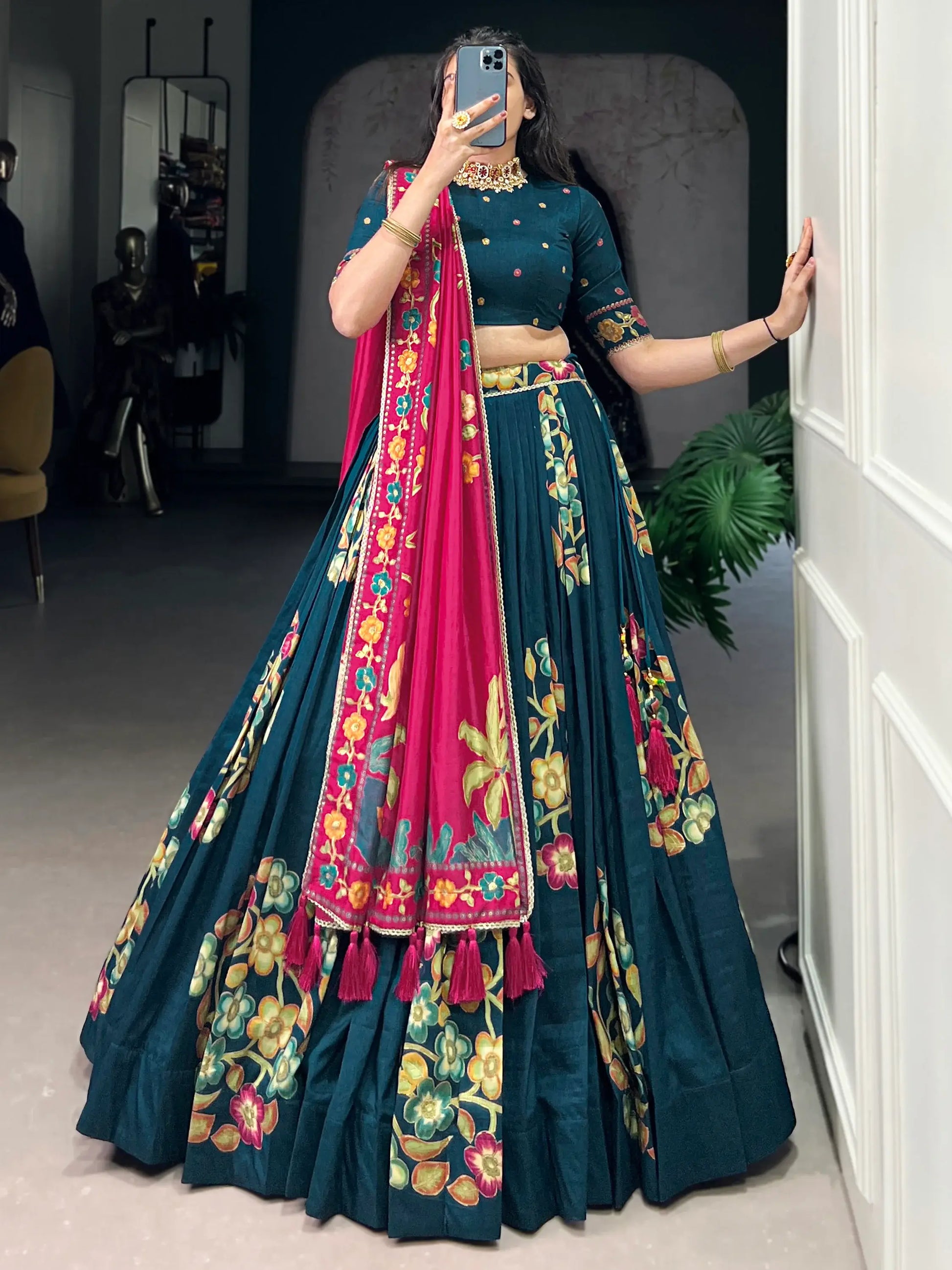Dazzling Teal Blue Foil Work Tussar Silk Lehenga Choli With Dupatta - Zeel Clothing