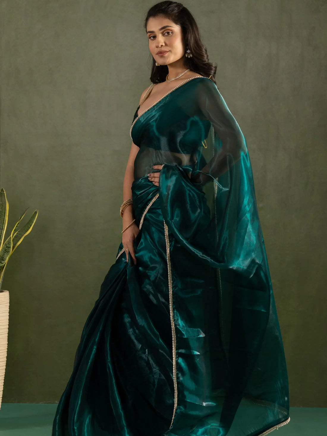 Dazzling Teal Blue Lace Bordered Chiffon Engagement Ready To Wear Saree - Zeel Clothing