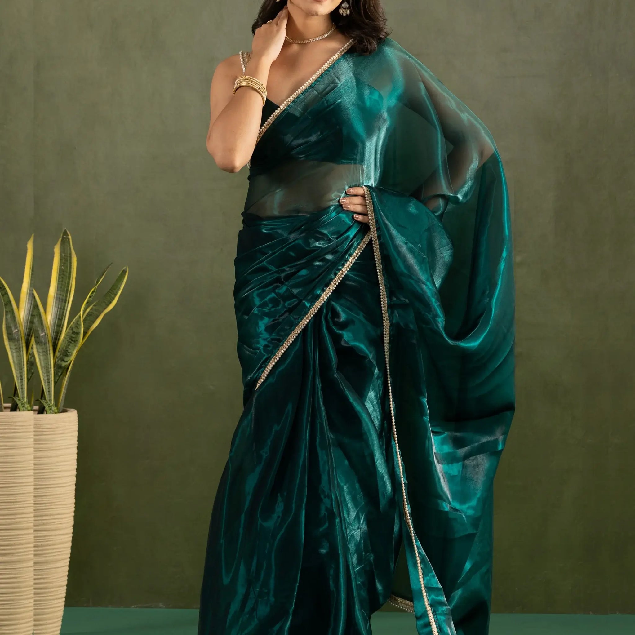 Dazzling Teal Blue Lace Bordered Chiffon Engagement Ready To Wear Saree - Zeel Clothing