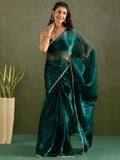 Dazzling Teal Blue Lace Bordered Chiffon Engagement Ready To Wear Saree - Zeel Clothing
