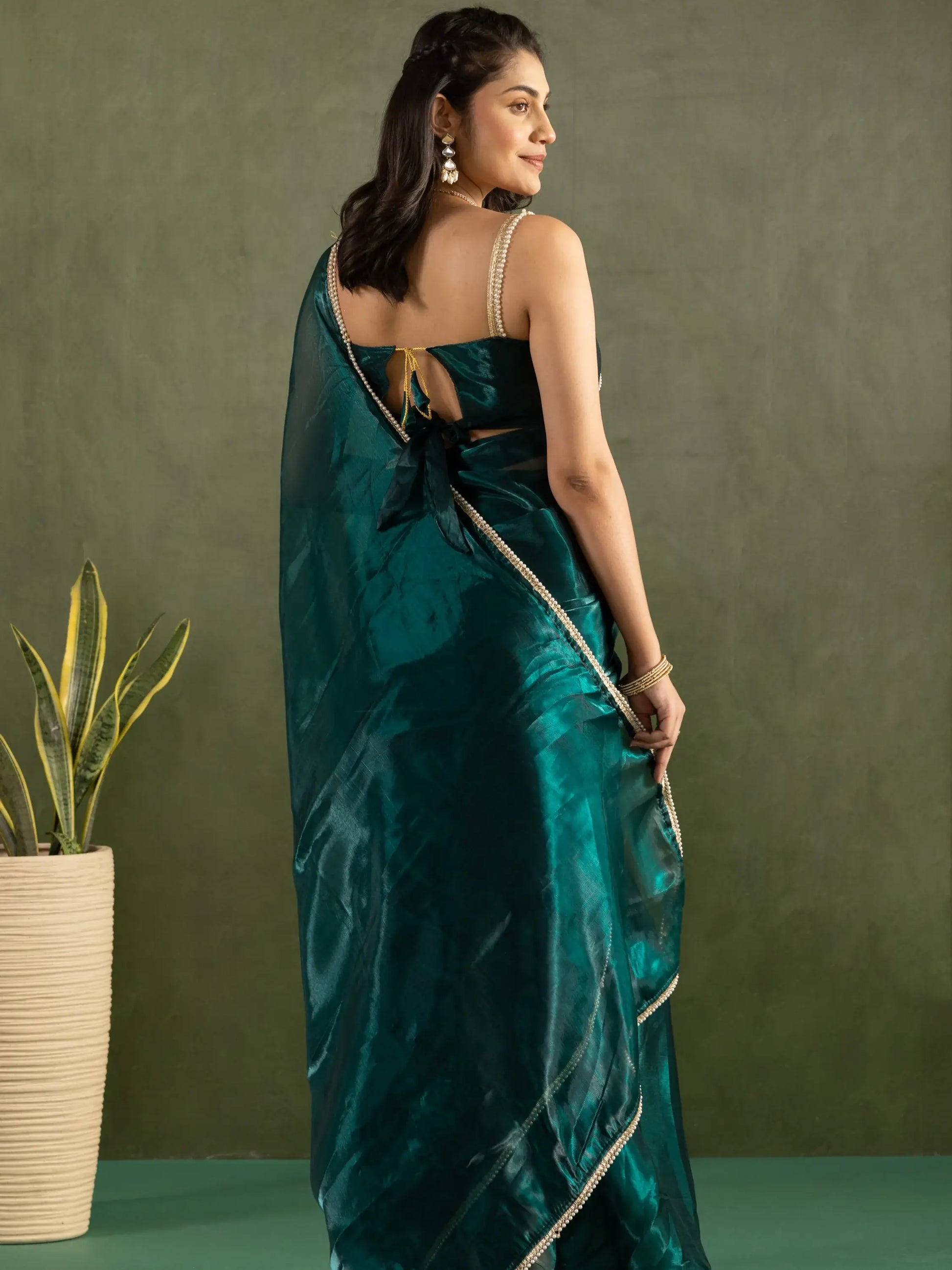 Dazzling Teal Blue Lace Bordered Chiffon Engagement Ready To Wear Saree - Zeel Clothing