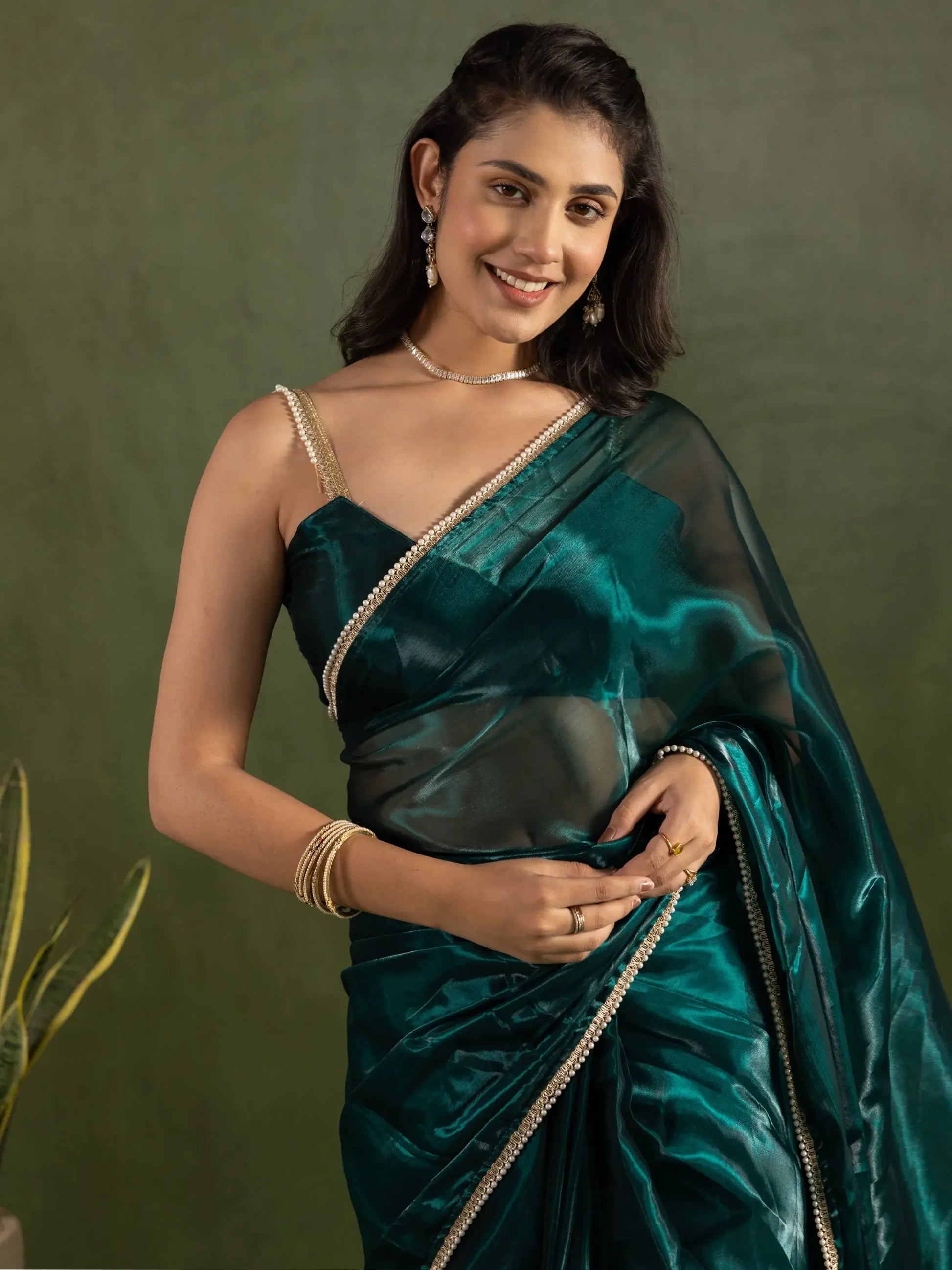 Dazzling Teal Blue Lace Bordered Chiffon Engagement Ready To Wear Saree - Zeel Clothing