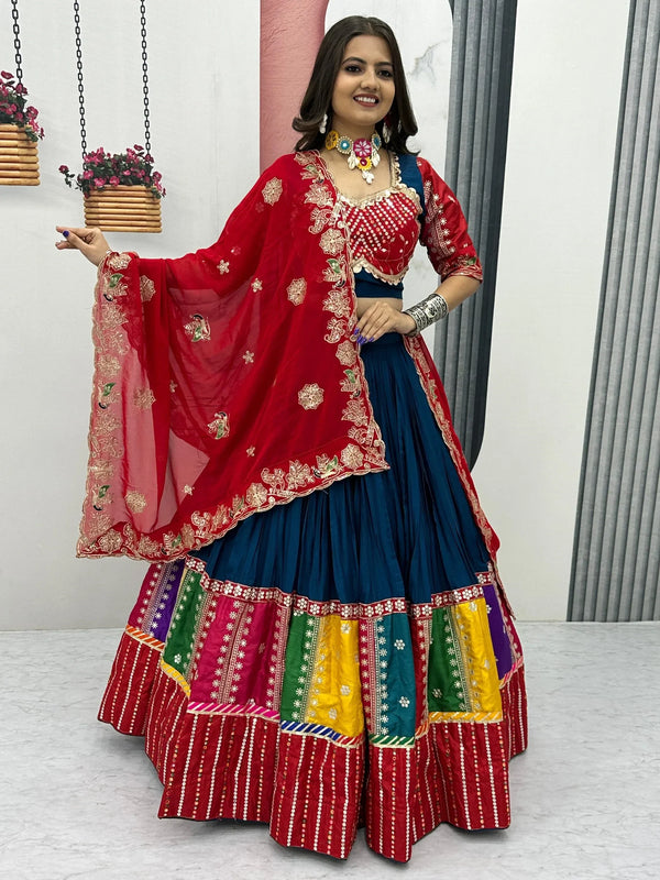 Dazzling Teal Blue Sequins Cotton Navratri Lehenga Choli With Dupatta - Zeel Clothing