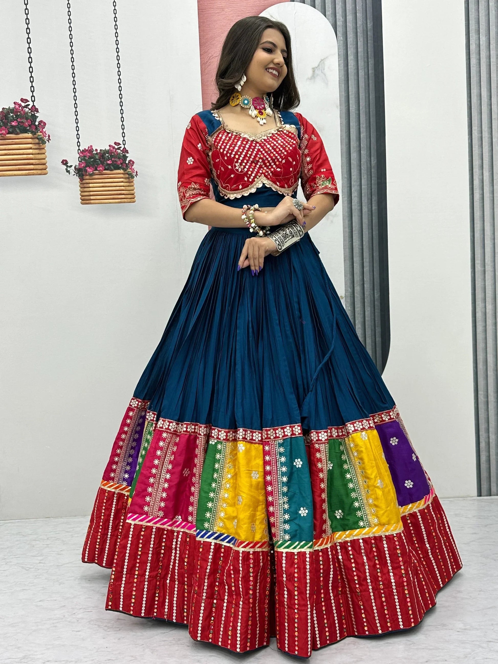 Dazzling Teal Blue Sequins Cotton Navratri Lehenga Choli With Dupatta - Zeel Clothing