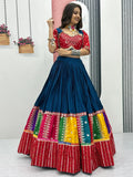 Dazzling Teal Blue Sequins Cotton Navratri Lehenga Choli With Dupatta - Zeel Clothing