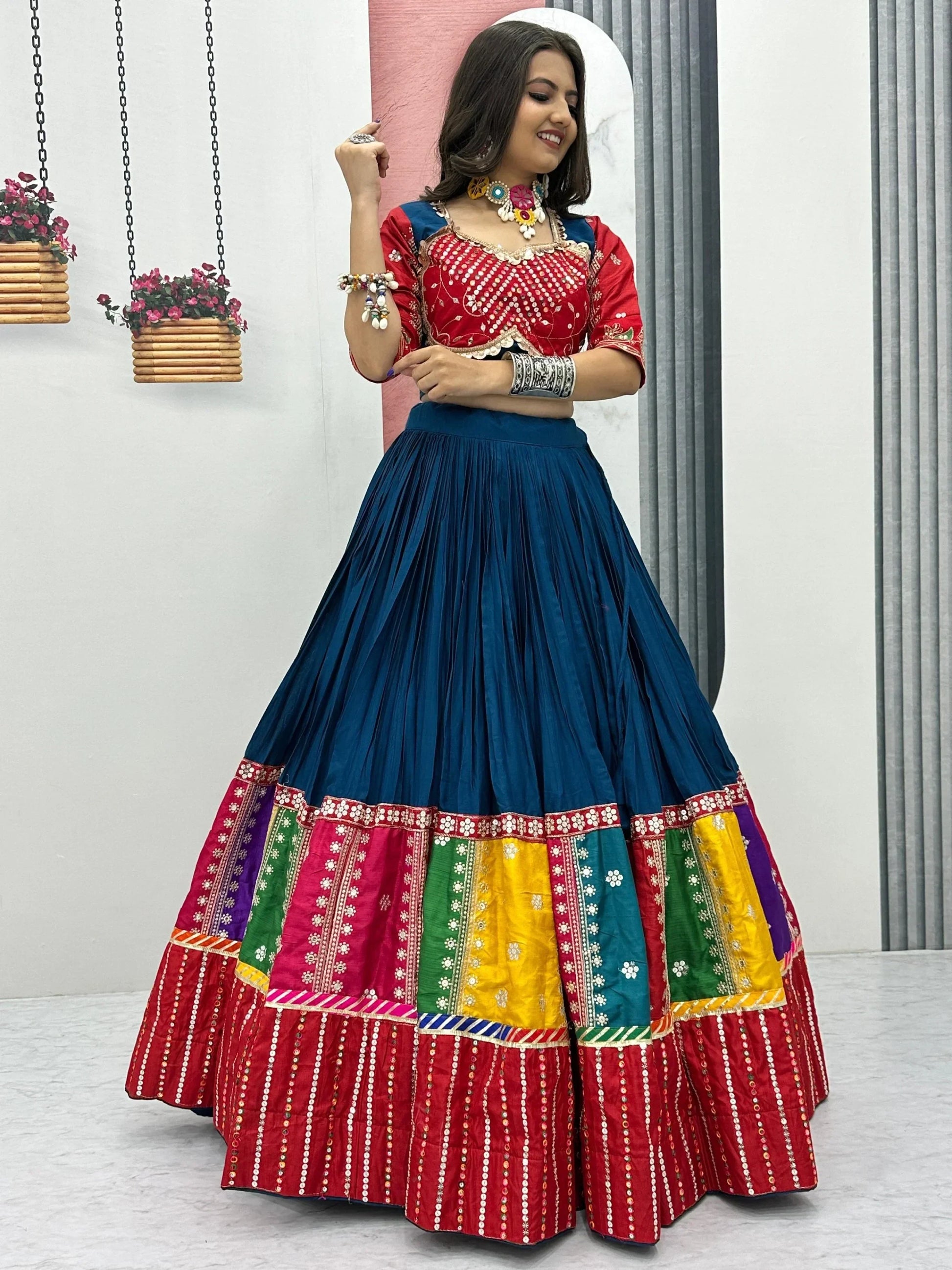 Dazzling Teal Blue Sequins Cotton Navratri Lehenga Choli With Dupatta - Zeel Clothing