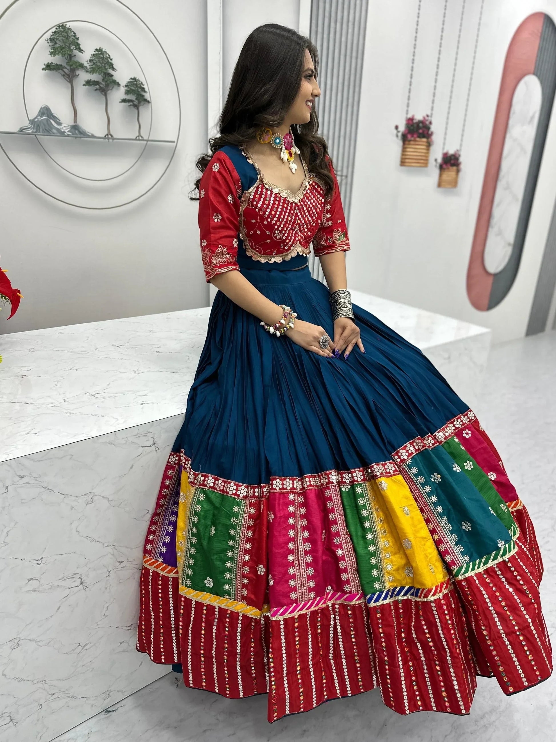 Dazzling Teal Blue Sequins Cotton Navratri Lehenga Choli With Dupatta - Zeel Clothing