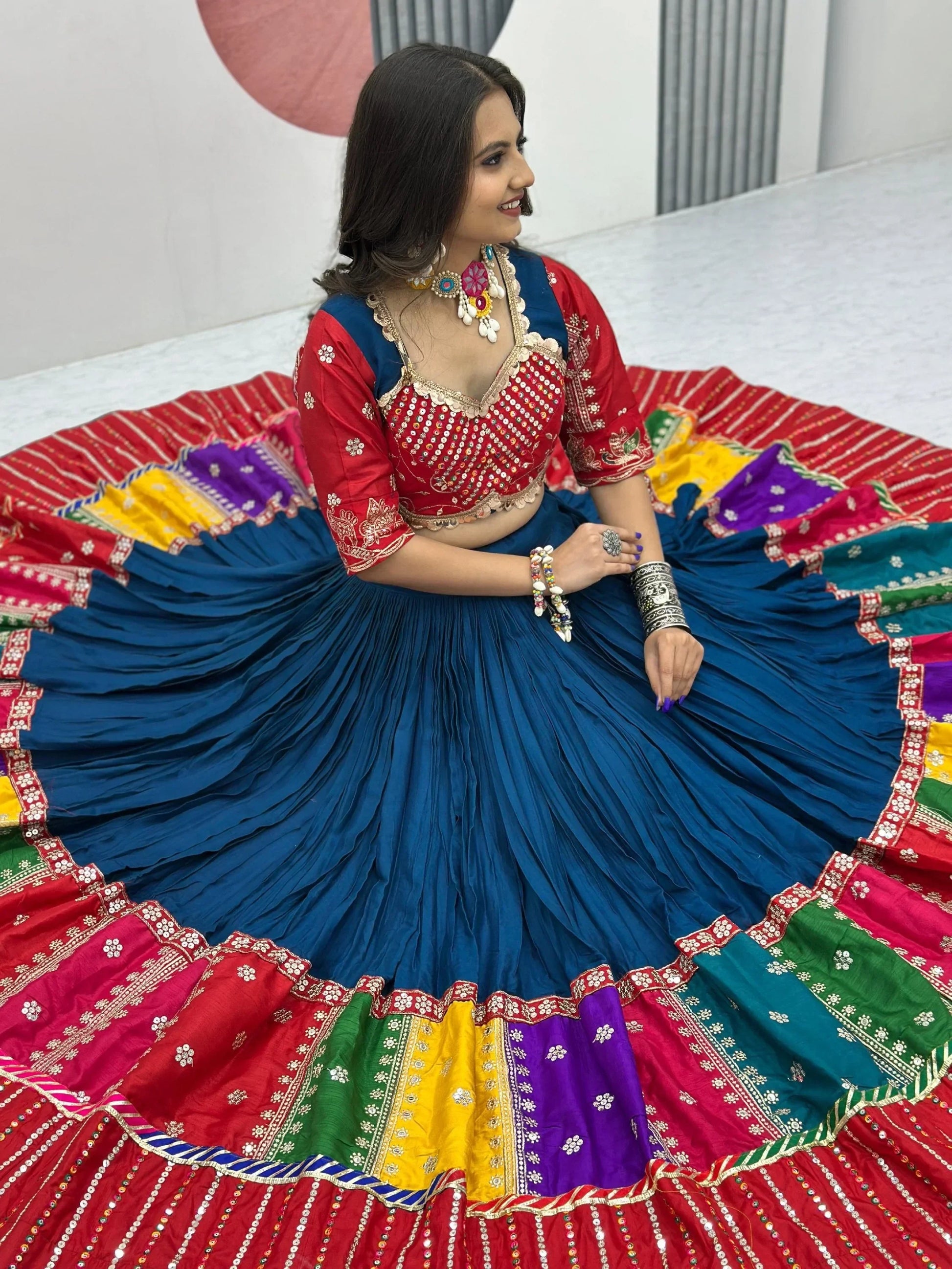 Dazzling Teal Blue Sequins Cotton Navratri Lehenga Choli With Dupatta - Zeel Clothing