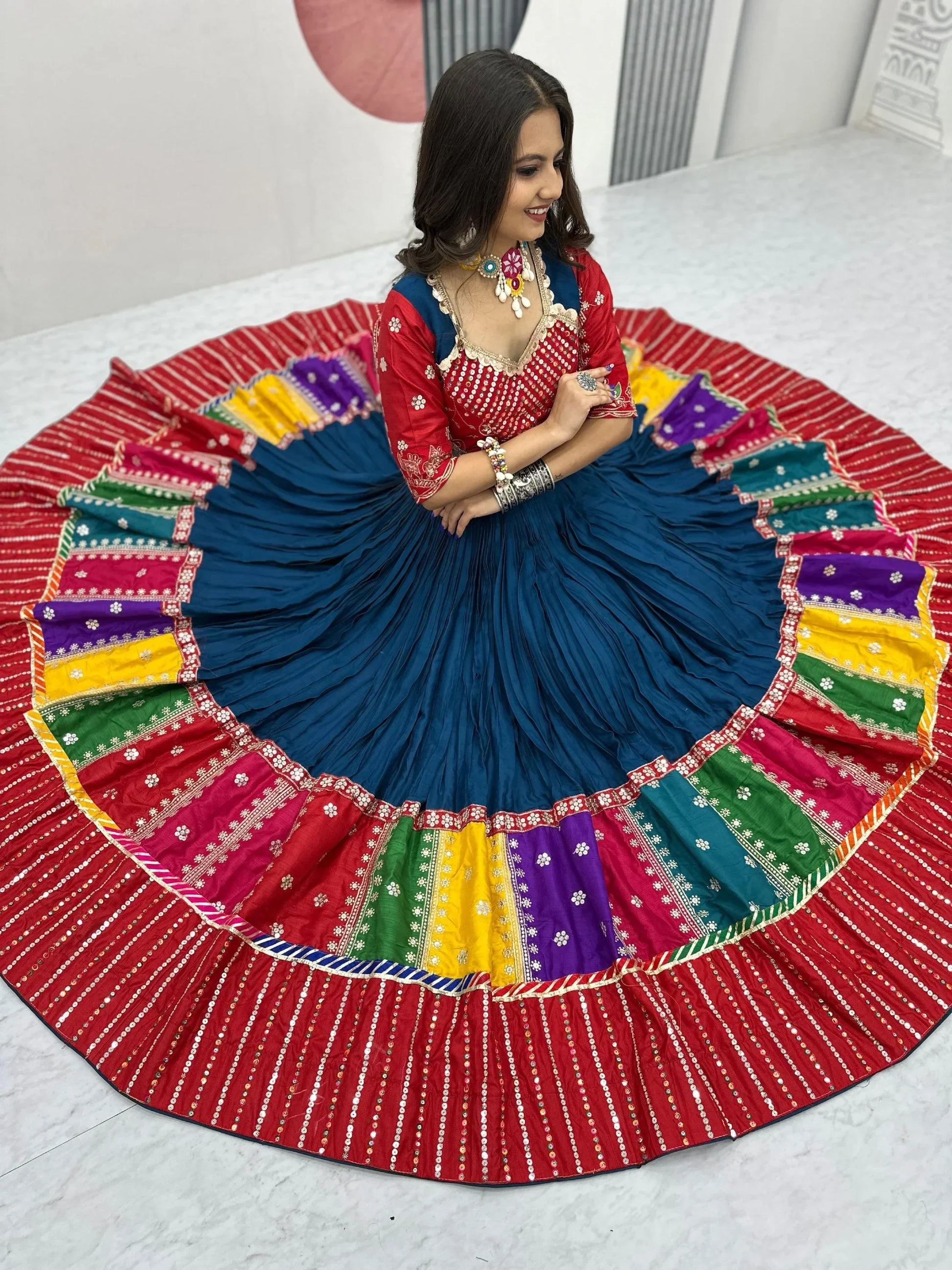 Dazzling Teal Blue Sequins Cotton Navratri Lehenga Choli With Dupatta - Zeel Clothing