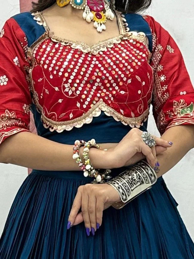 Dazzling Teal Blue Sequins Cotton Navratri Lehenga Choli With Dupatta - Zeel Clothing