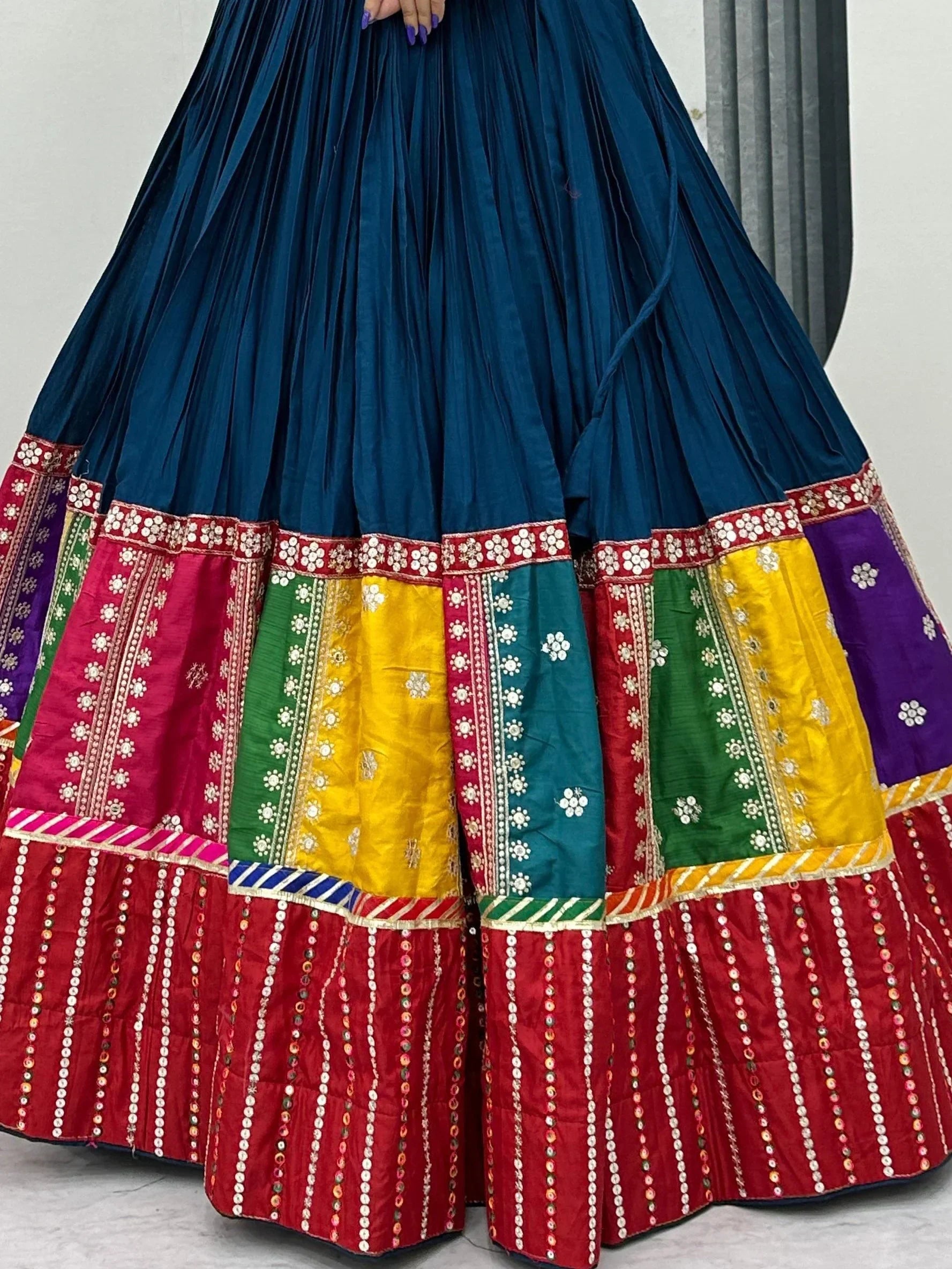 Dazzling Teal Blue Sequins Cotton Navratri Lehenga Choli With Dupatta - Zeel Clothing