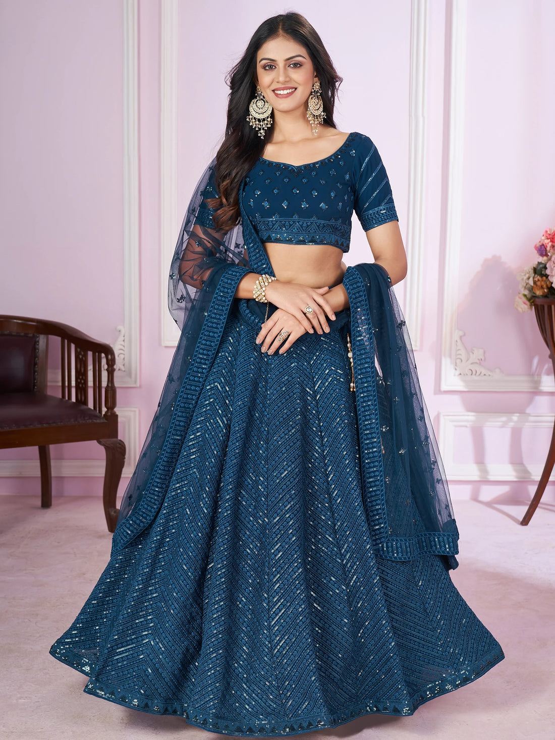 Dazzling Teal Blue Sequins Georgette Designer Lehenga Choli - Zeel Clothing