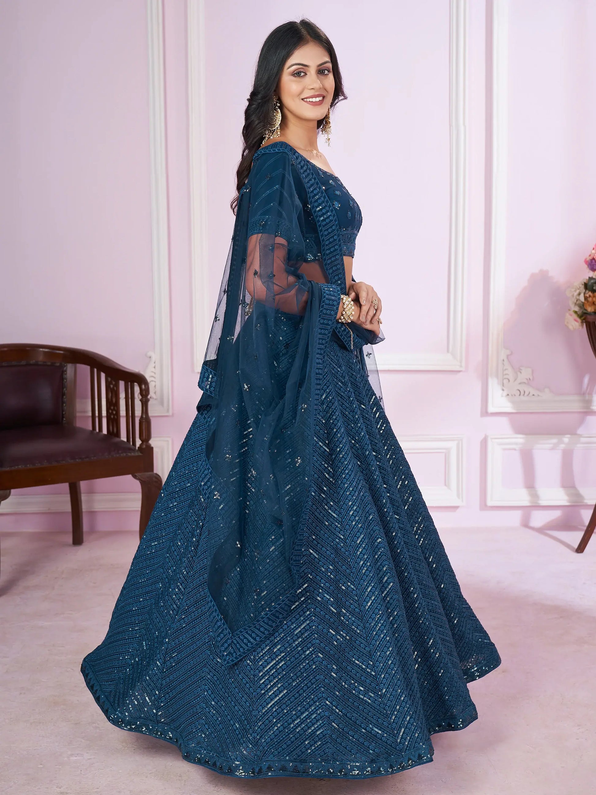 Dazzling Teal Blue Sequins Georgette Designer Lehenga Choli - Zeel Clothing