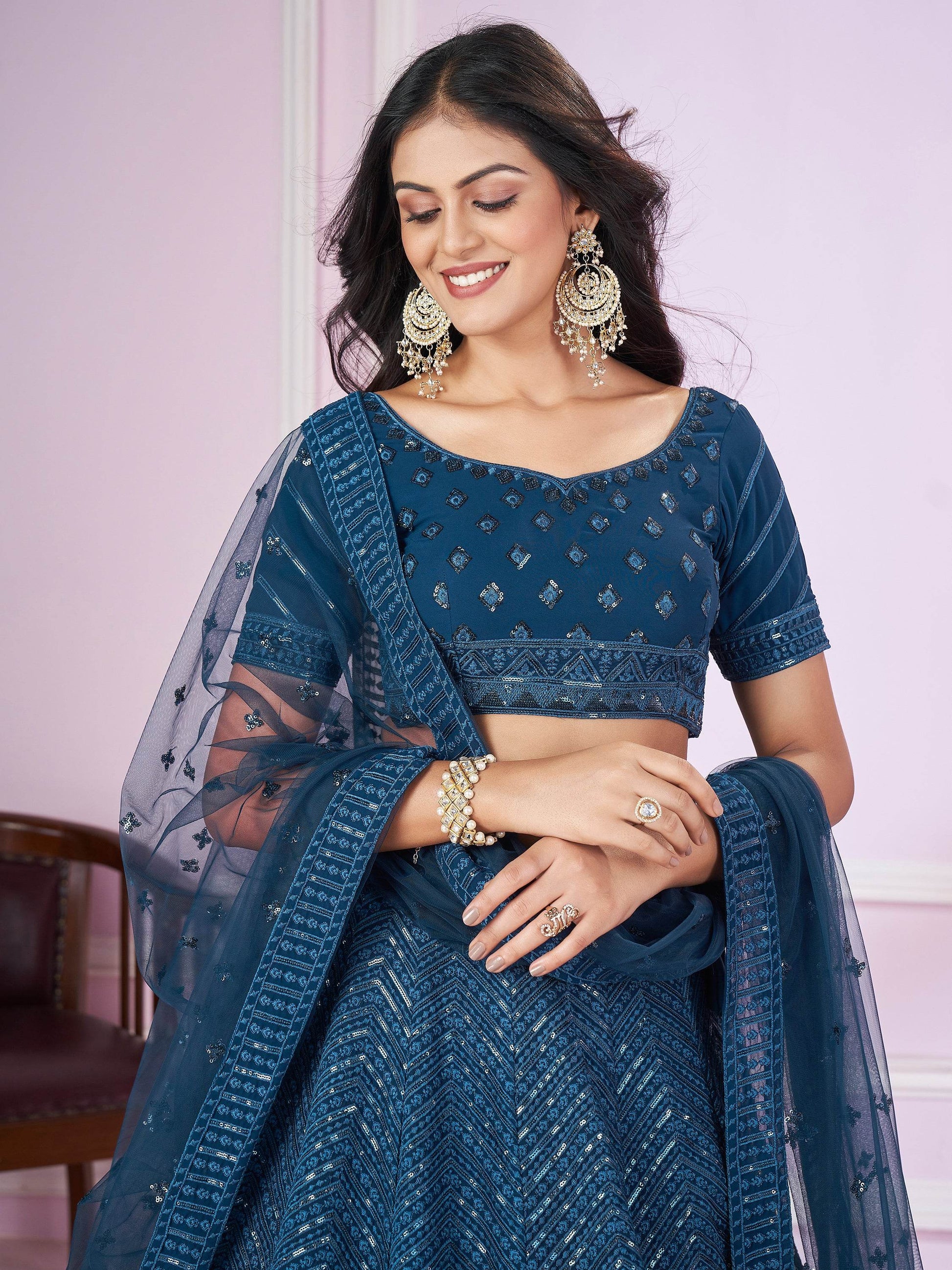Dazzling Teal Blue Sequins Georgette Designer Lehenga Choli - Zeel Clothing