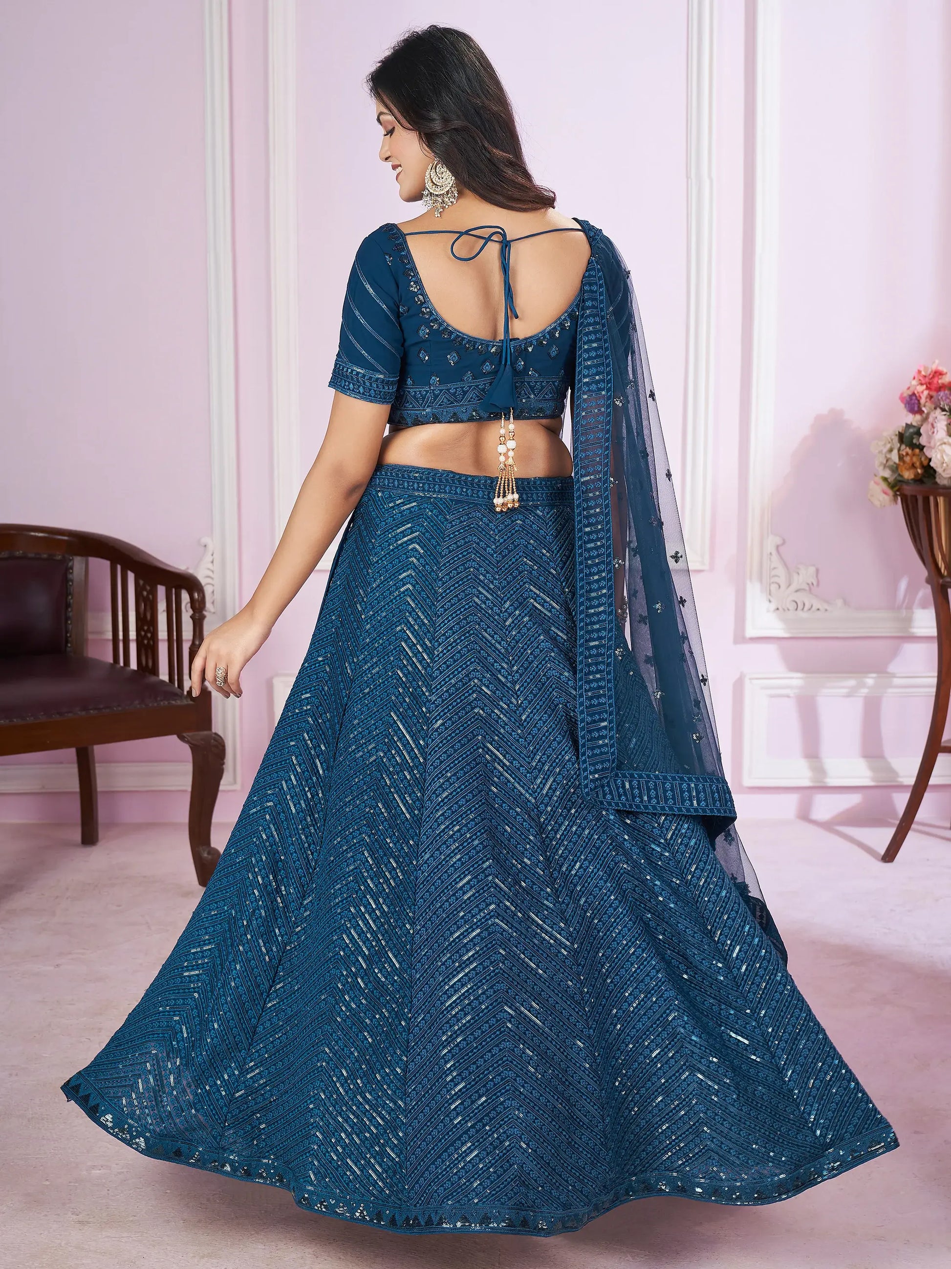 Dazzling Teal Blue Sequins Georgette Designer Lehenga Choli - Zeel Clothing