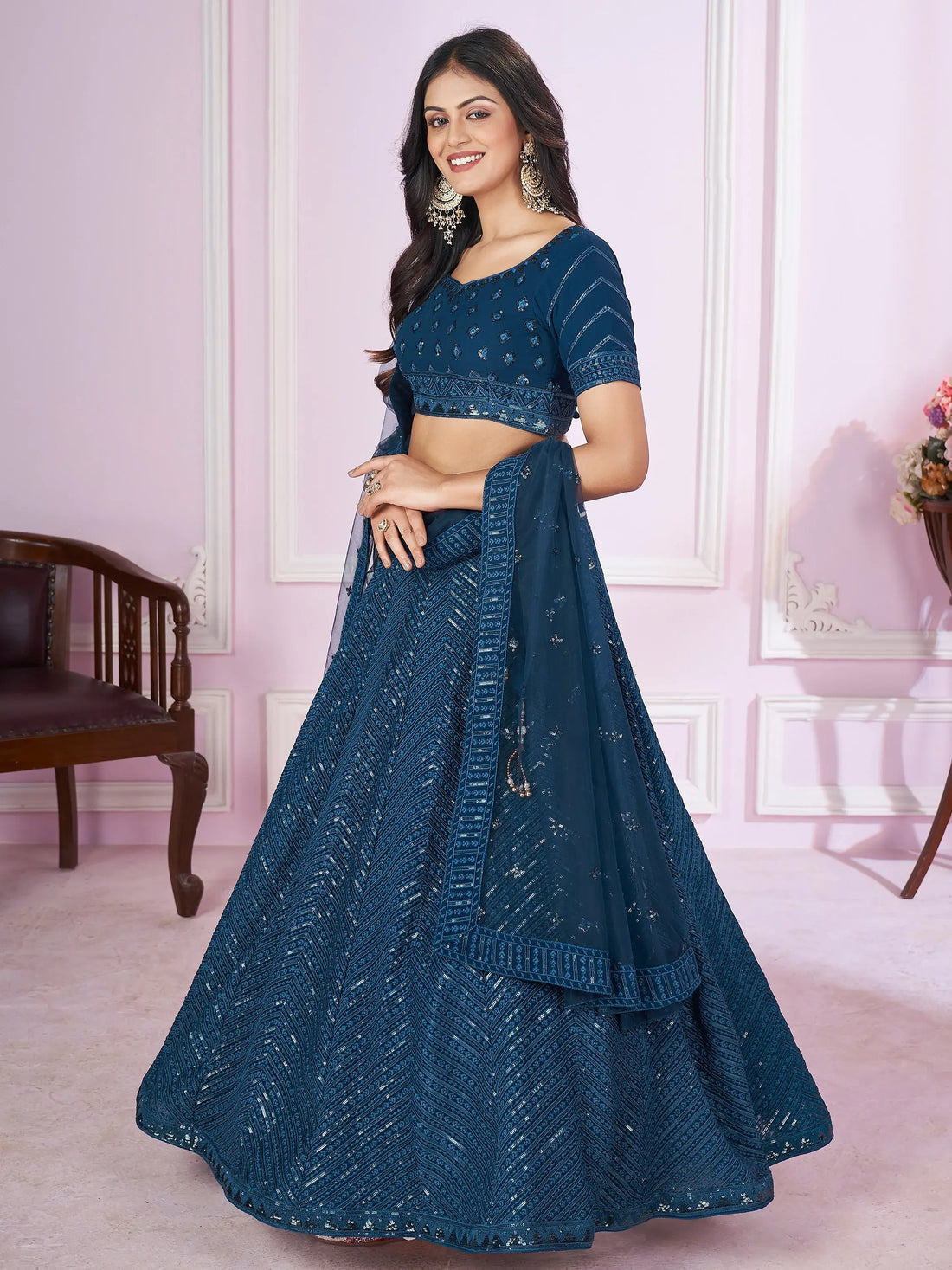 Dazzling Teal Blue Sequins Georgette Designer Lehenga Choli - Zeel Clothing