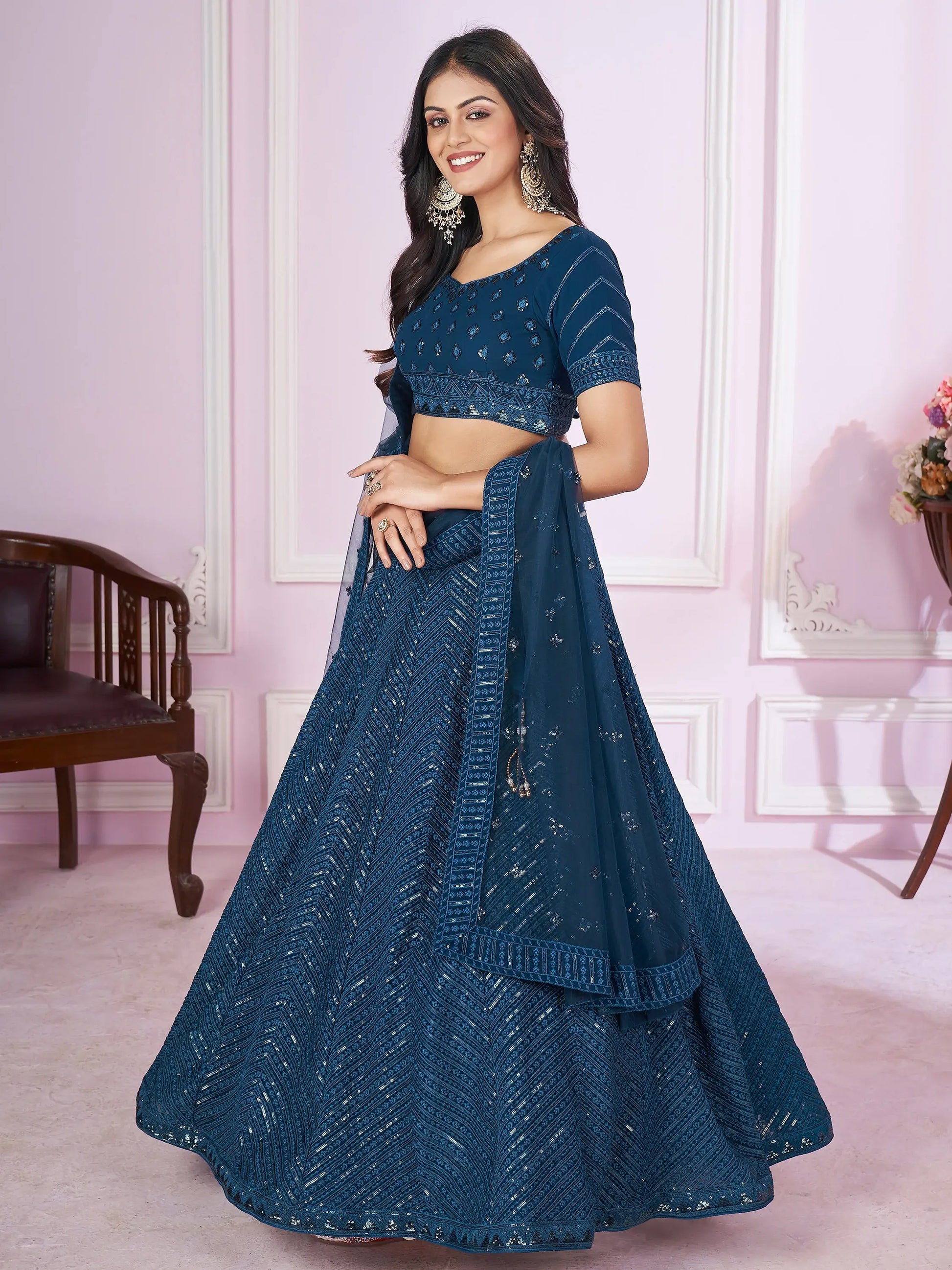 Dazzling Teal Blue Sequins Georgette Designer Lehenga Choli - Zeel Clothing
