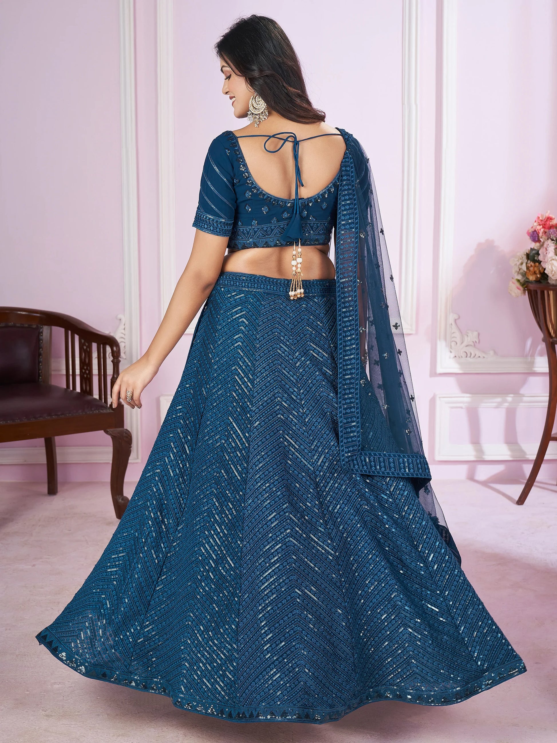 Dazzling Teal Blue Sequins Georgette Designer Lehenga Choli - Zeel Clothing