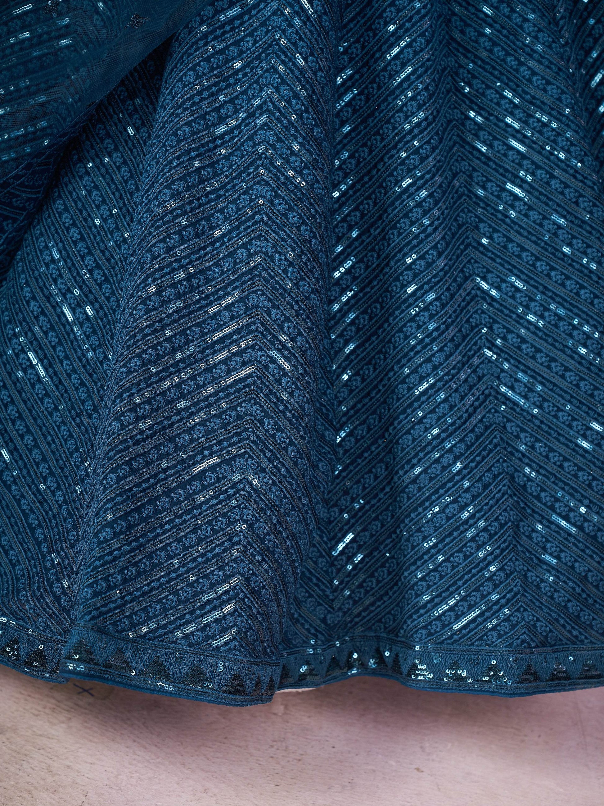 Dazzling Teal Blue Sequins Georgette Designer Lehenga Choli - Zeel Clothing