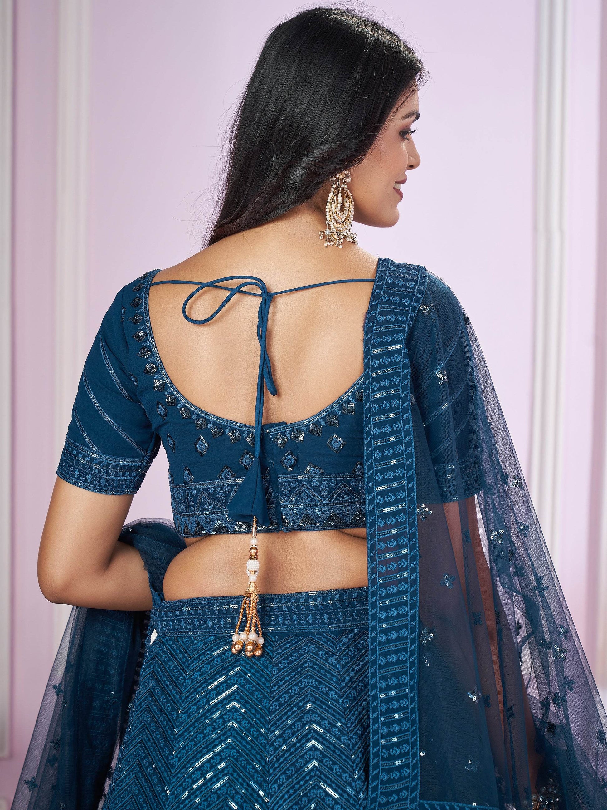 Dazzling Teal Blue Sequins Georgette Designer Lehenga Choli - Zeel Clothing