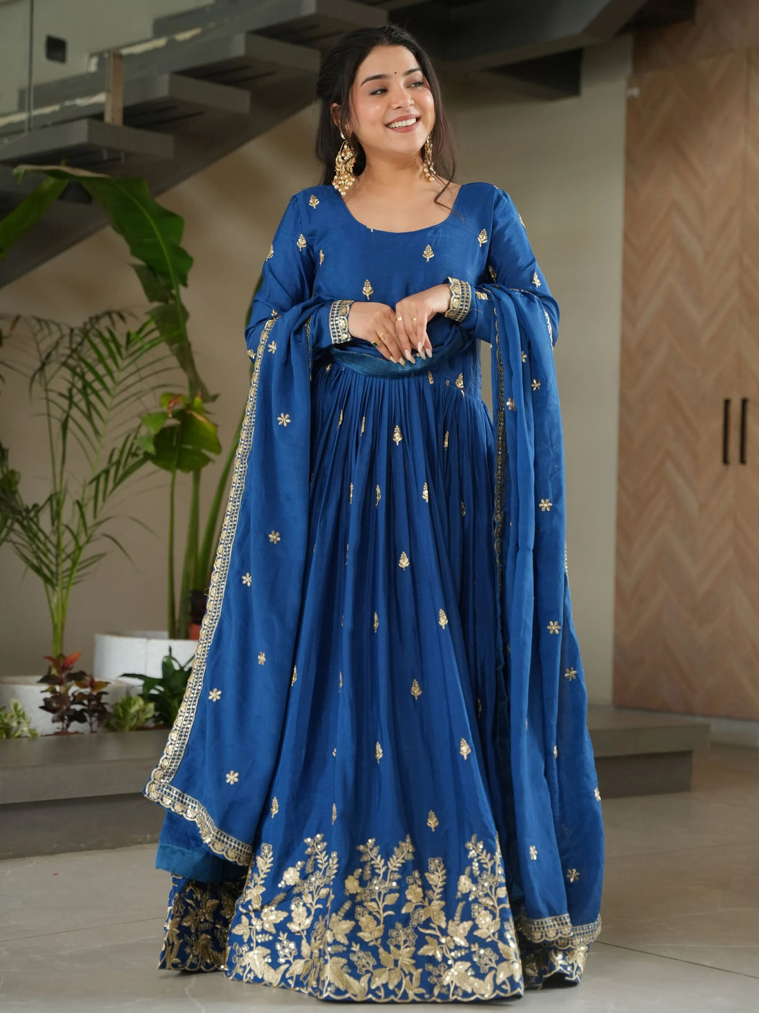 Dazzling Teal Blue Zari Embroidery Chinon Wedding Wear Gown With Dupatta - Zeel Clothing