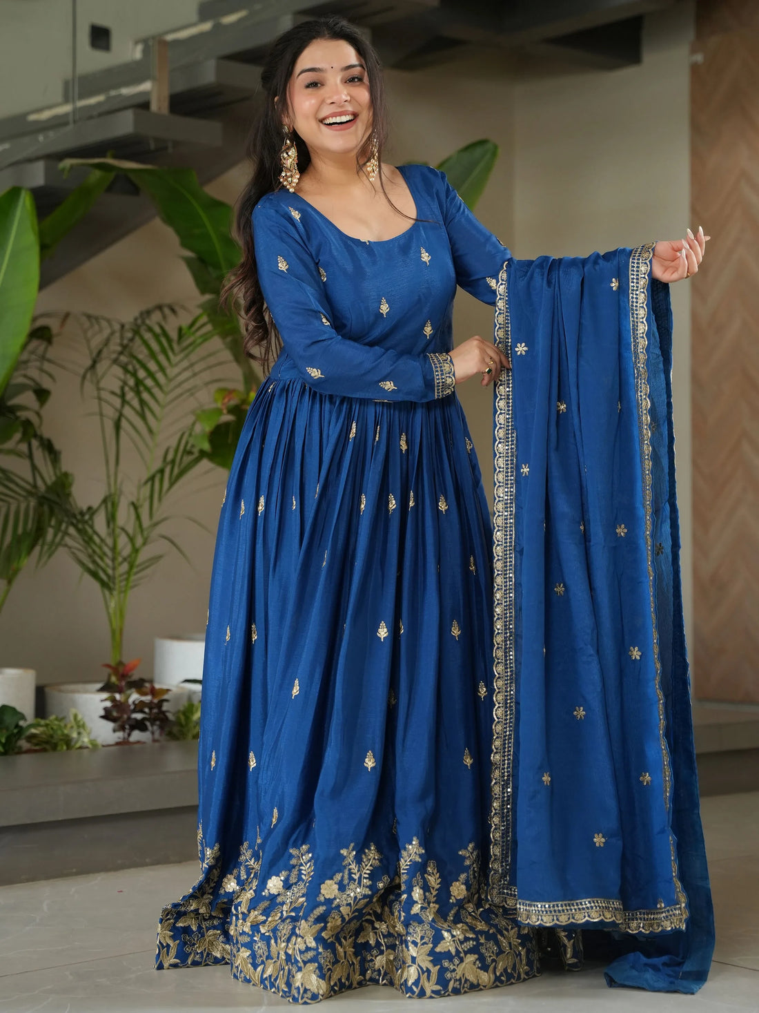 Dazzling Teal Blue Zari Embroidery Chinon Wedding Wear Gown With Dupatta - Zeel Clothing