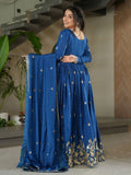 Dazzling Teal Blue Zari Embroidery Chinon Wedding Wear Gown With Dupatta - Zeel Clothing