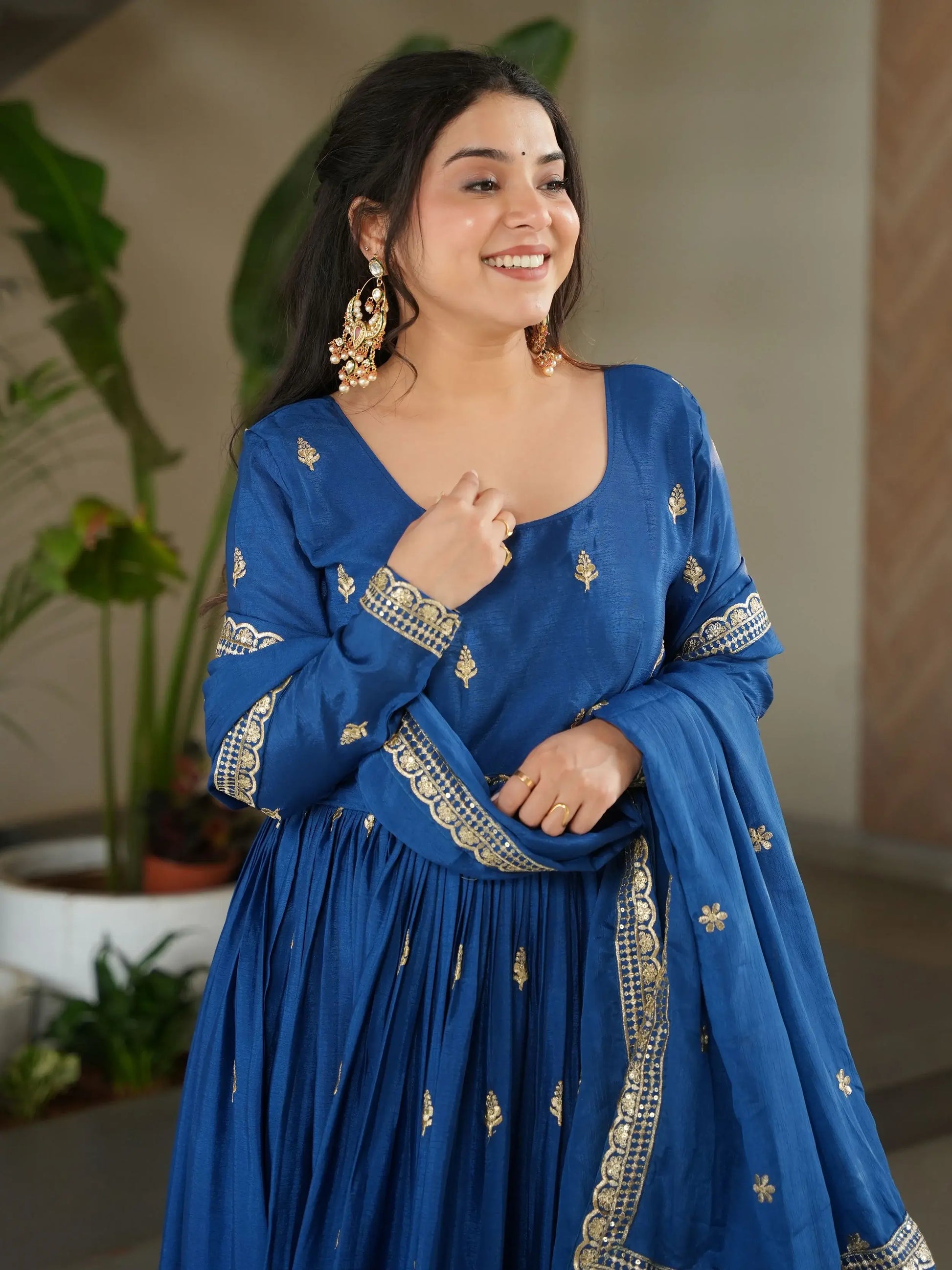 Dazzling Teal Blue Zari Embroidery Chinon Wedding Wear Gown With Dupatta - Zeel Clothing