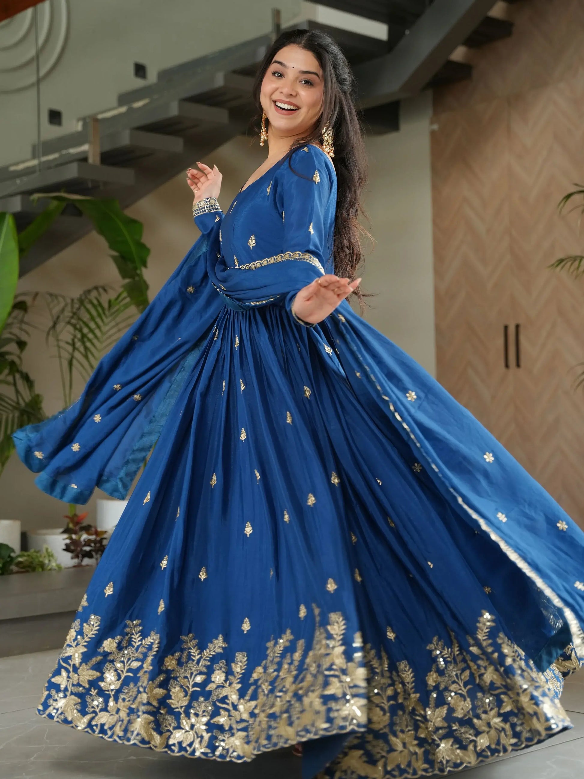 Dazzling Teal Blue Zari Embroidery Chinon Wedding Wear Gown With Dupatta - Zeel Clothing
