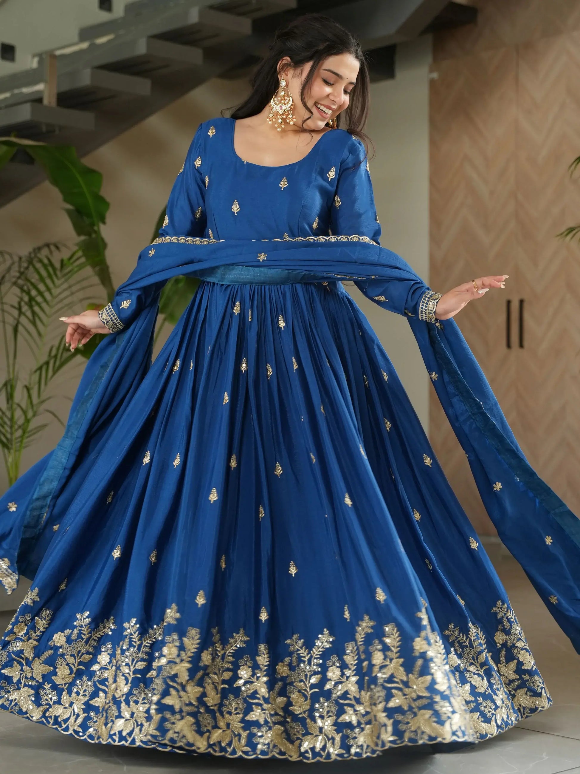 Dazzling Teal Blue Zari Embroidery Chinon Wedding Wear Gown With Dupatta - Zeel Clothing