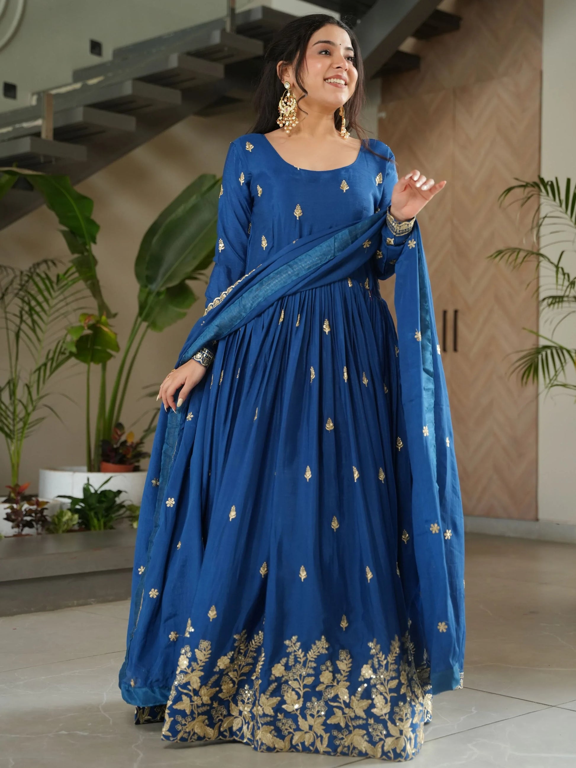 Dazzling Teal Blue Zari Embroidery Chinon Wedding Wear Gown With Dupatta - Zeel Clothing