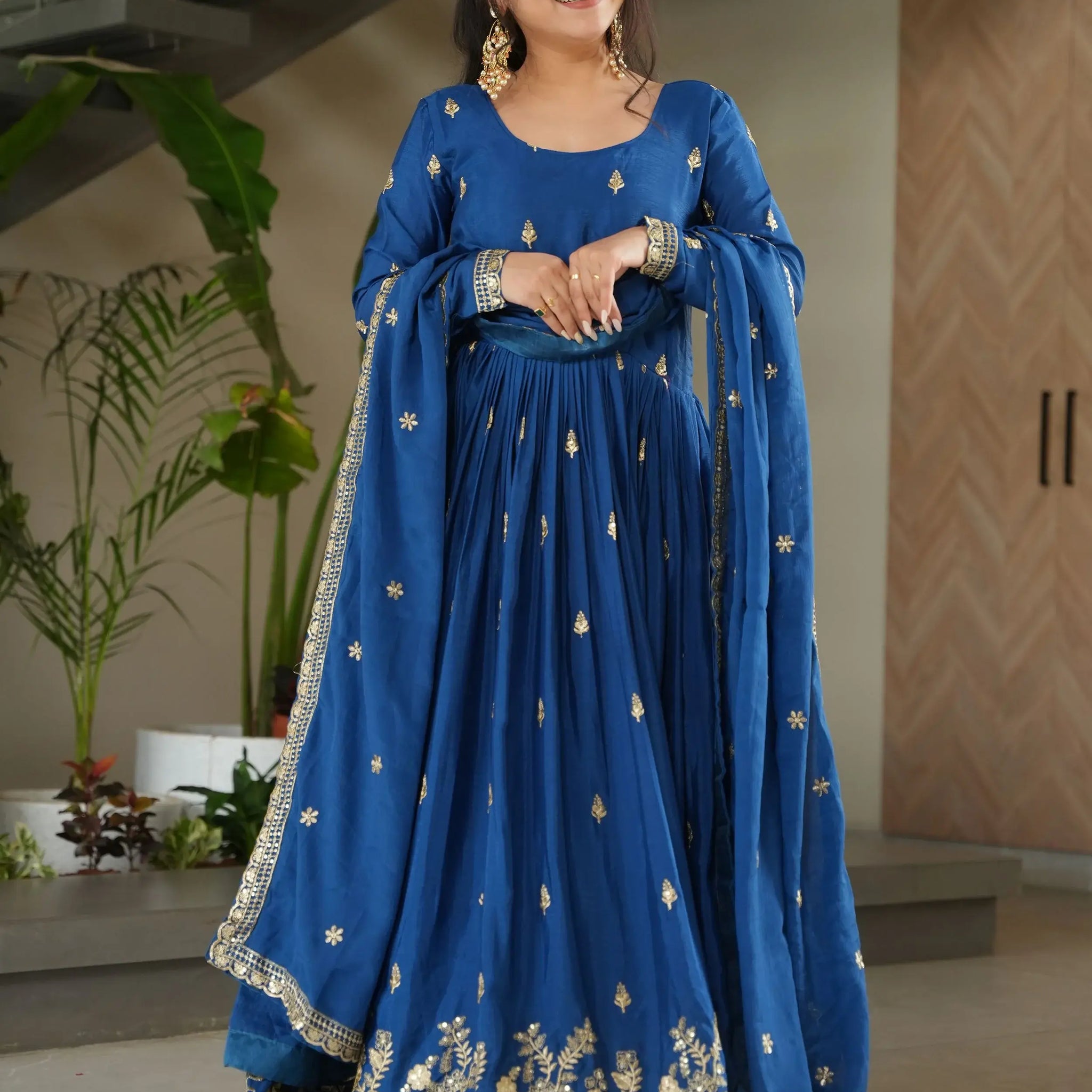 Dazzling Teal Blue Zari Embroidery Chinon Wedding Wear Gown With Dupatta - Zeel Clothing
