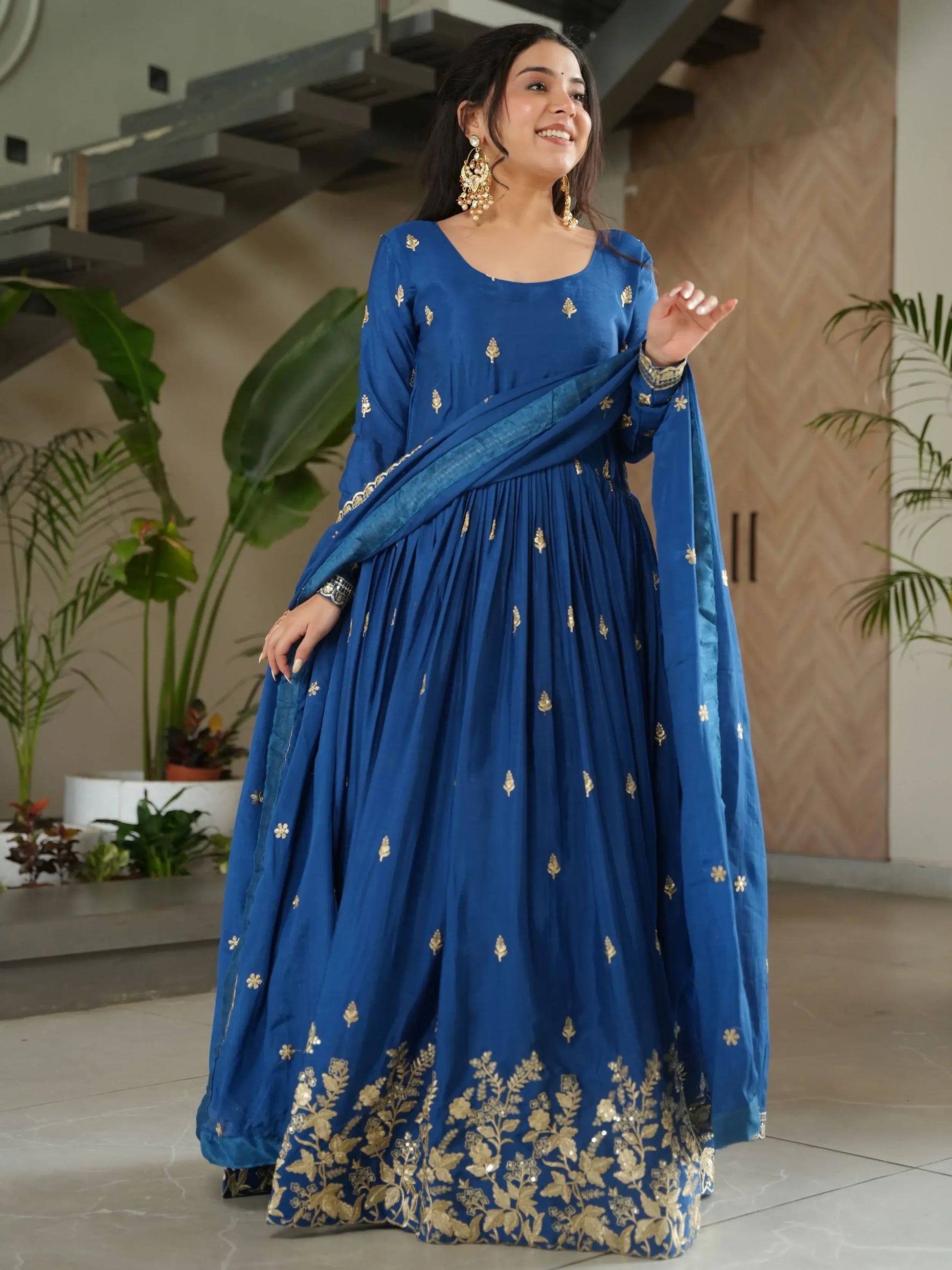 Dazzling Teal Blue Zari Embroidery Chinon Wedding Wear Gown With Dupatta - Zeel Clothing