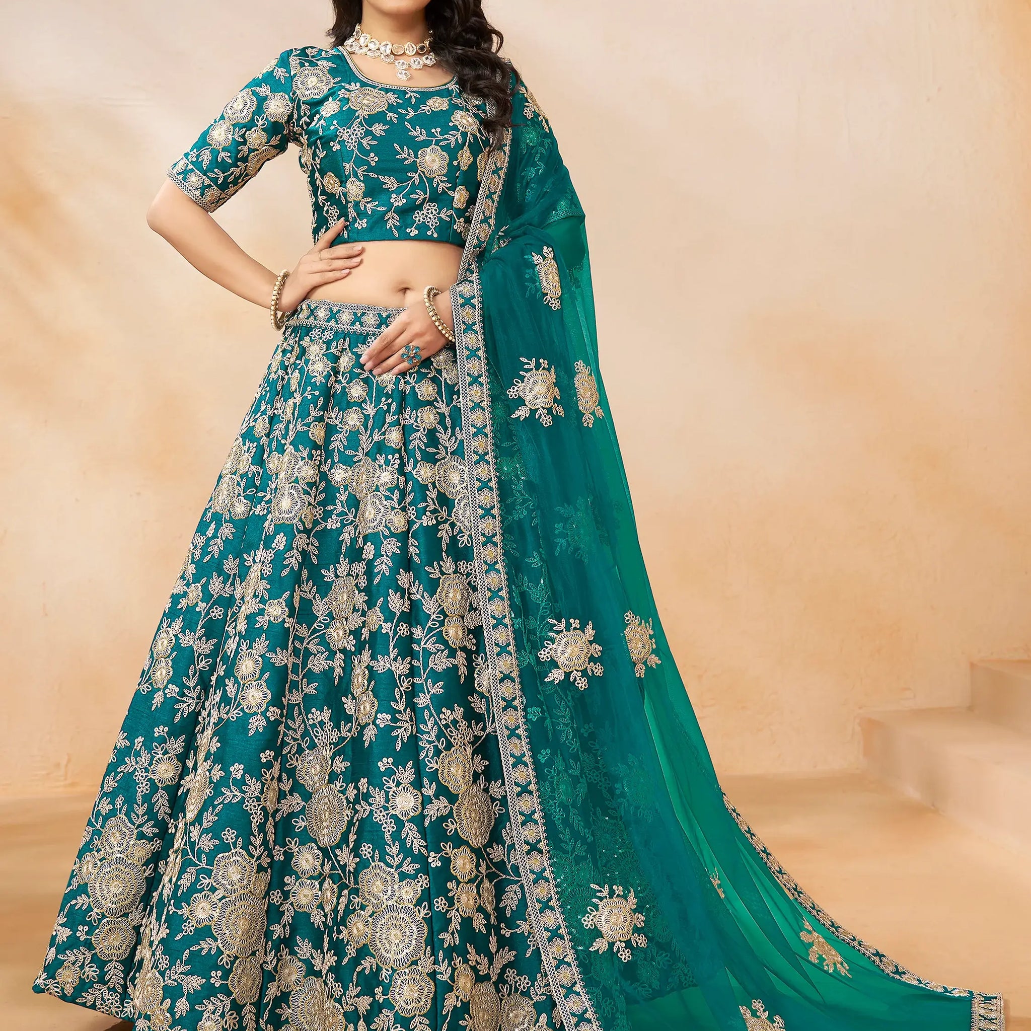 Dazzling Teal Green Embroidered Silk Engagement Wear Lehenga Choli - Zeel Clothing