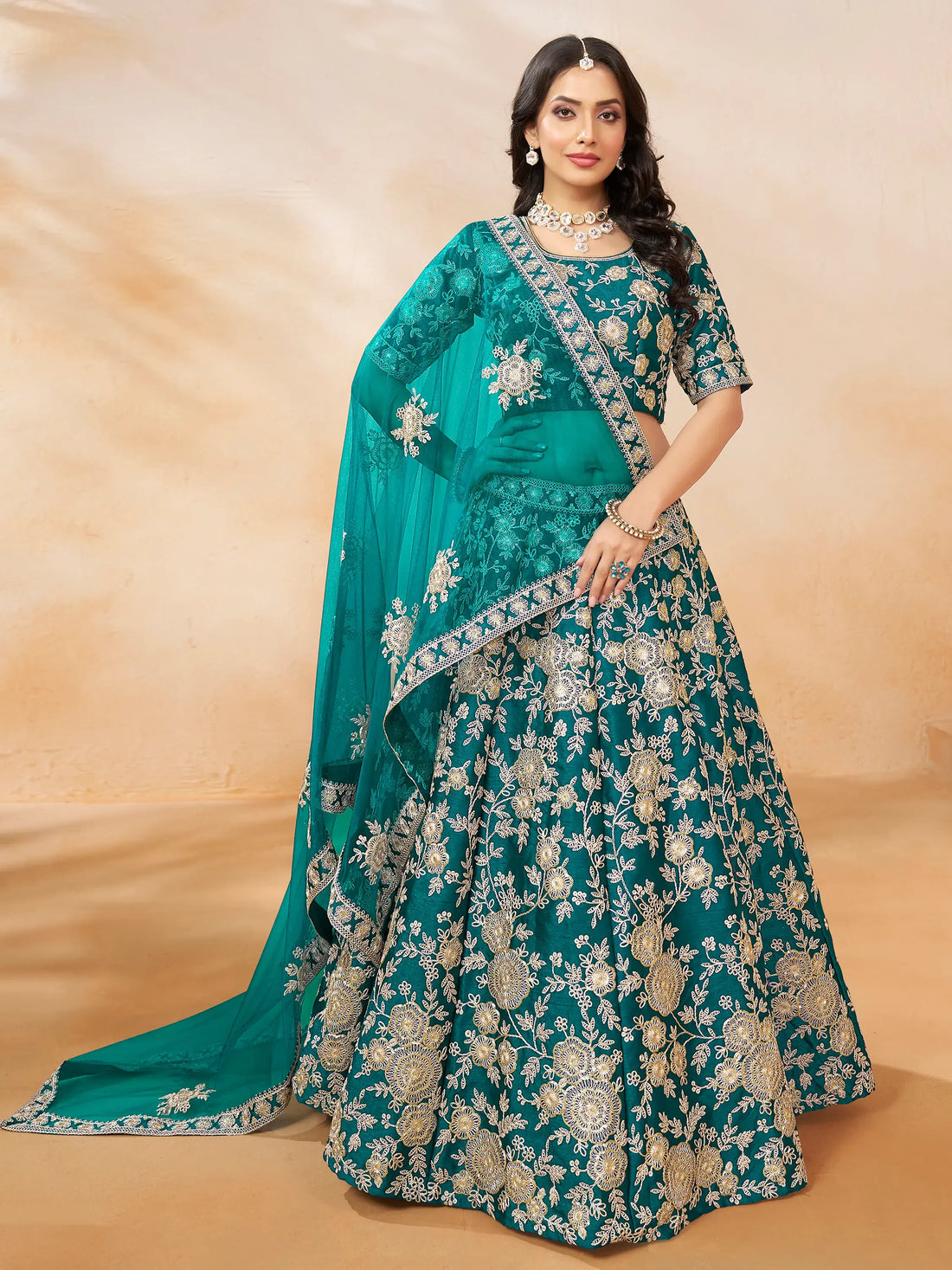 Dazzling Teal Green Embroidered Silk Engagement Wear Lehenga Choli - Zeel Clothing