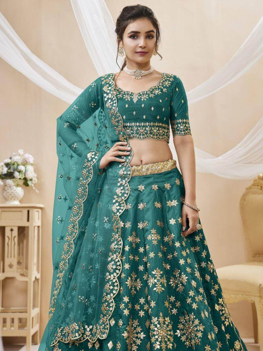 Dazzling Teal Green Embroidered Work Art Silk Bridesmaid Lehenga Choli - Zeel Clothing