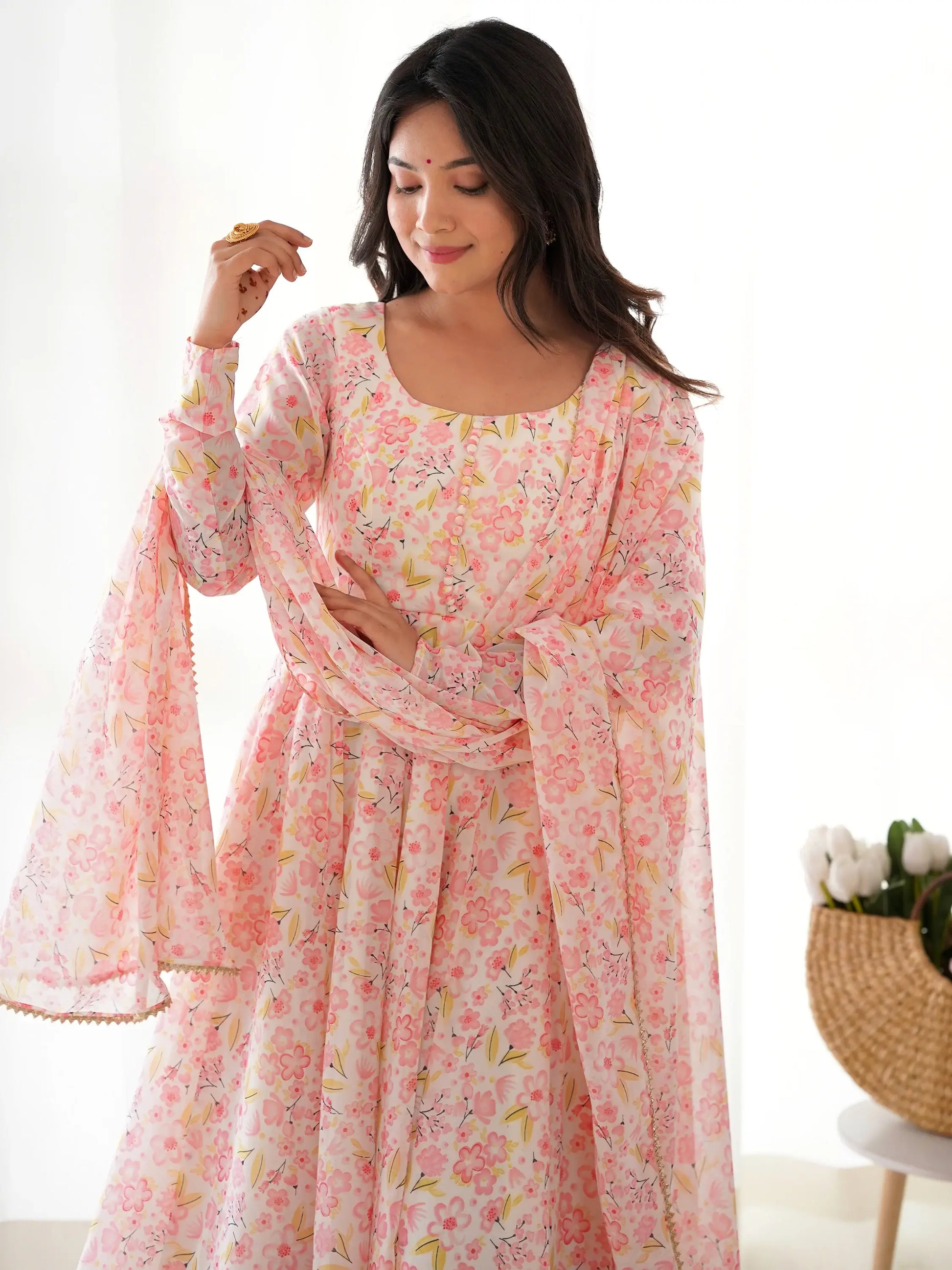 Dazzling White Floral Printed Chiffon Casual Wear Pant Suit With Dupatta - Zeel Clothing