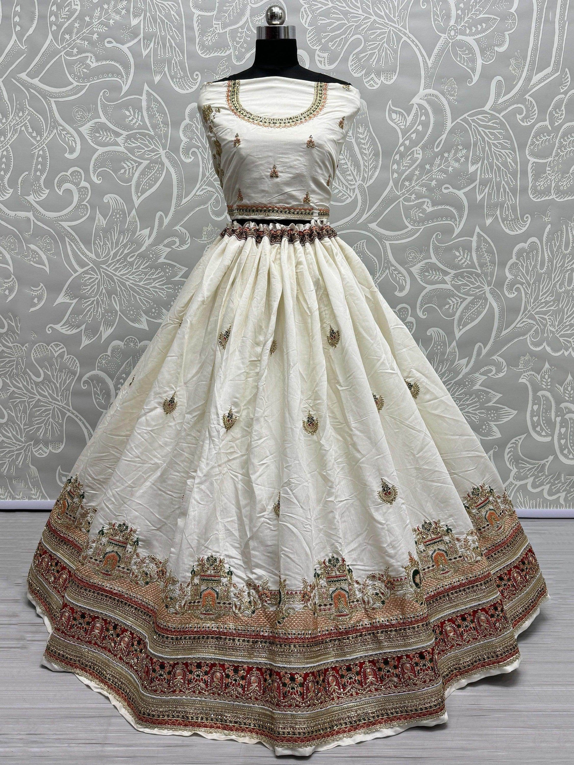 Dazzling White Thread-Work Silk Wedding Wear Lehenga Choli - Zeel Clothing