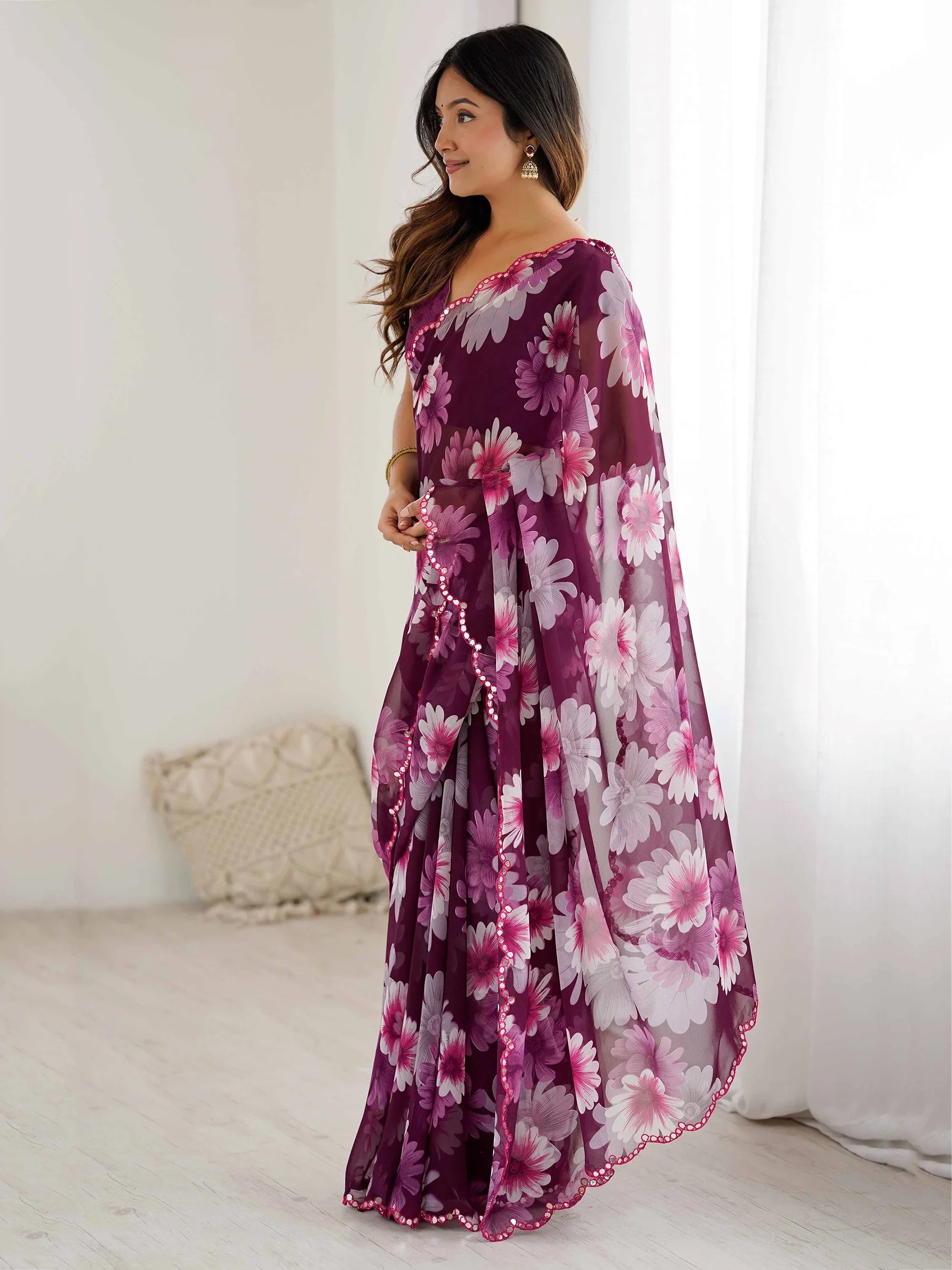 Dazzling Wine Floral Printed Georgette Wedding Wear Saree With Blouse