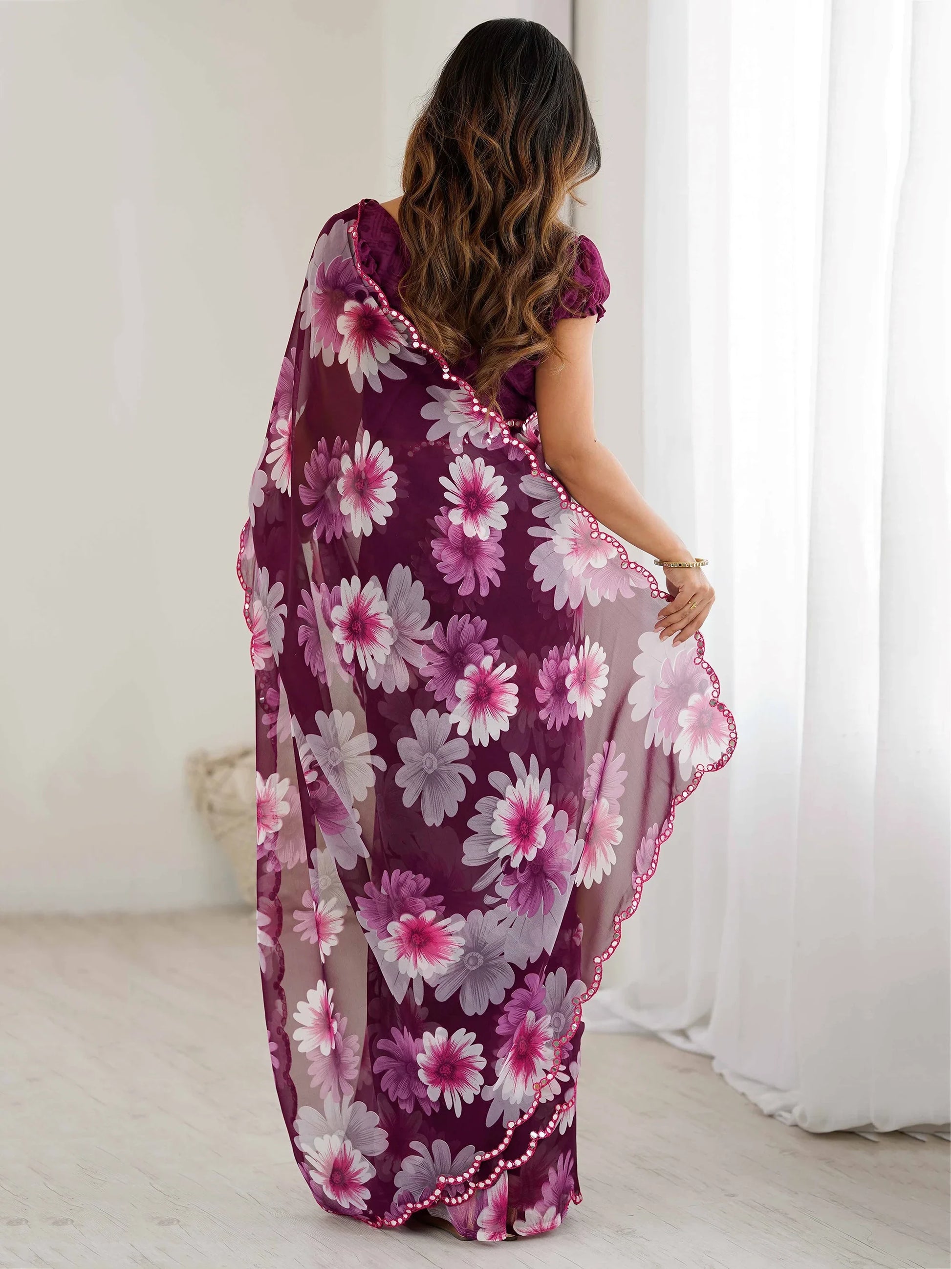 Dazzling Wine Floral Printed Georgette Wedding Wear Saree With Blouse