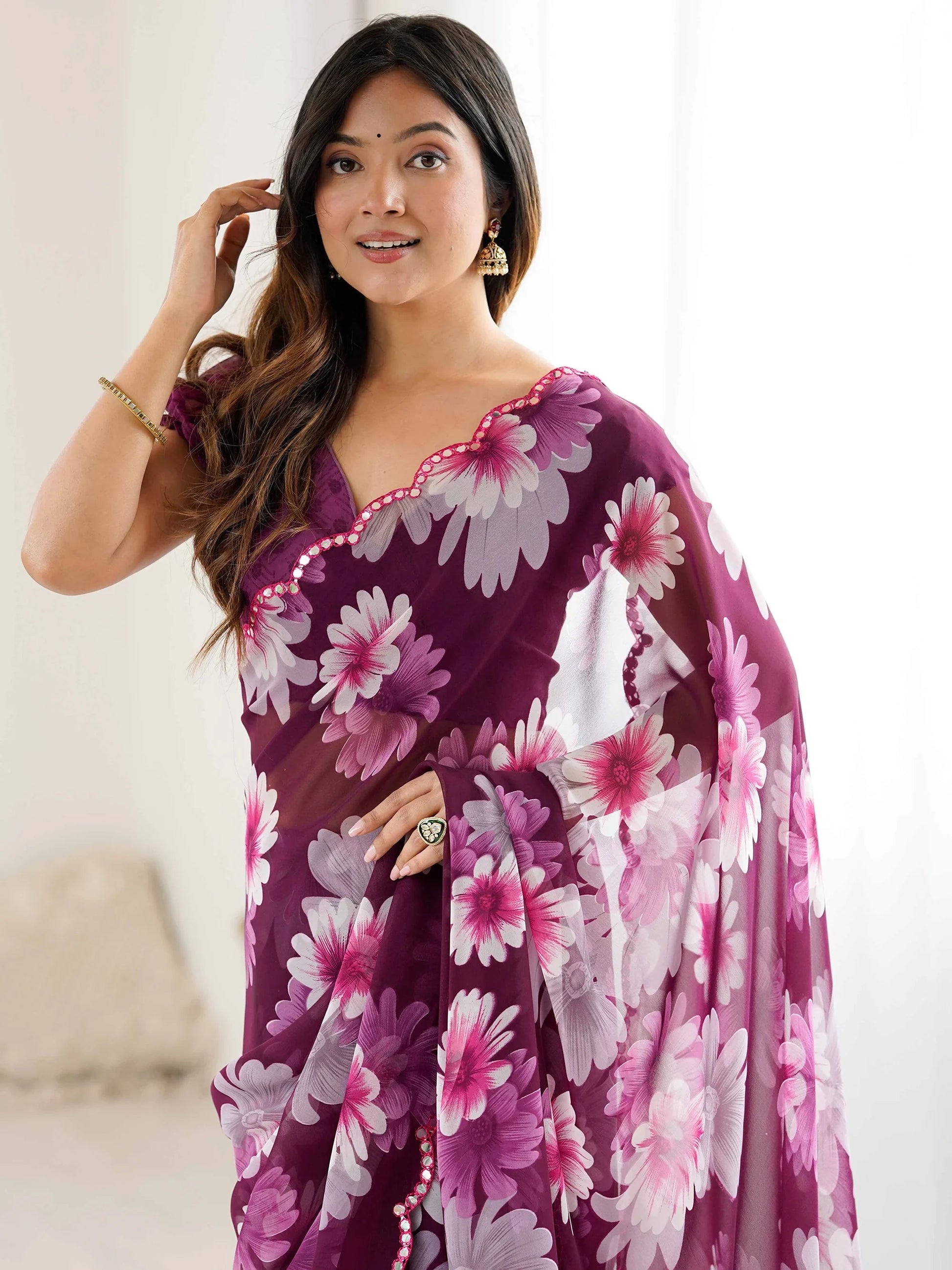 Dazzling Wine Floral Printed Georgette Wedding Wear Saree With Blouse