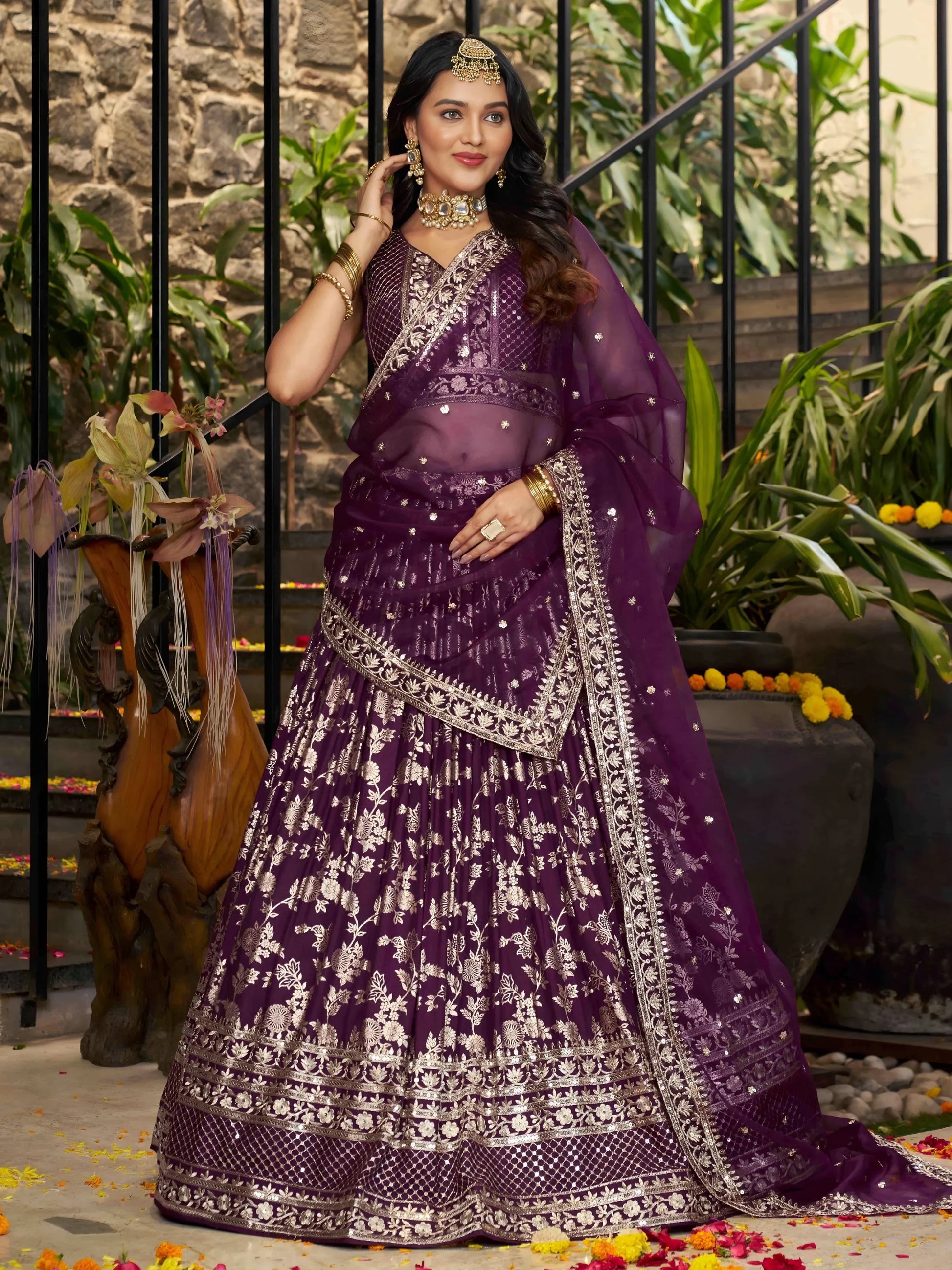 Dazzling Wine Silk Thread Embroidery Party Wear Lehenga Choli - Zeel Clothing