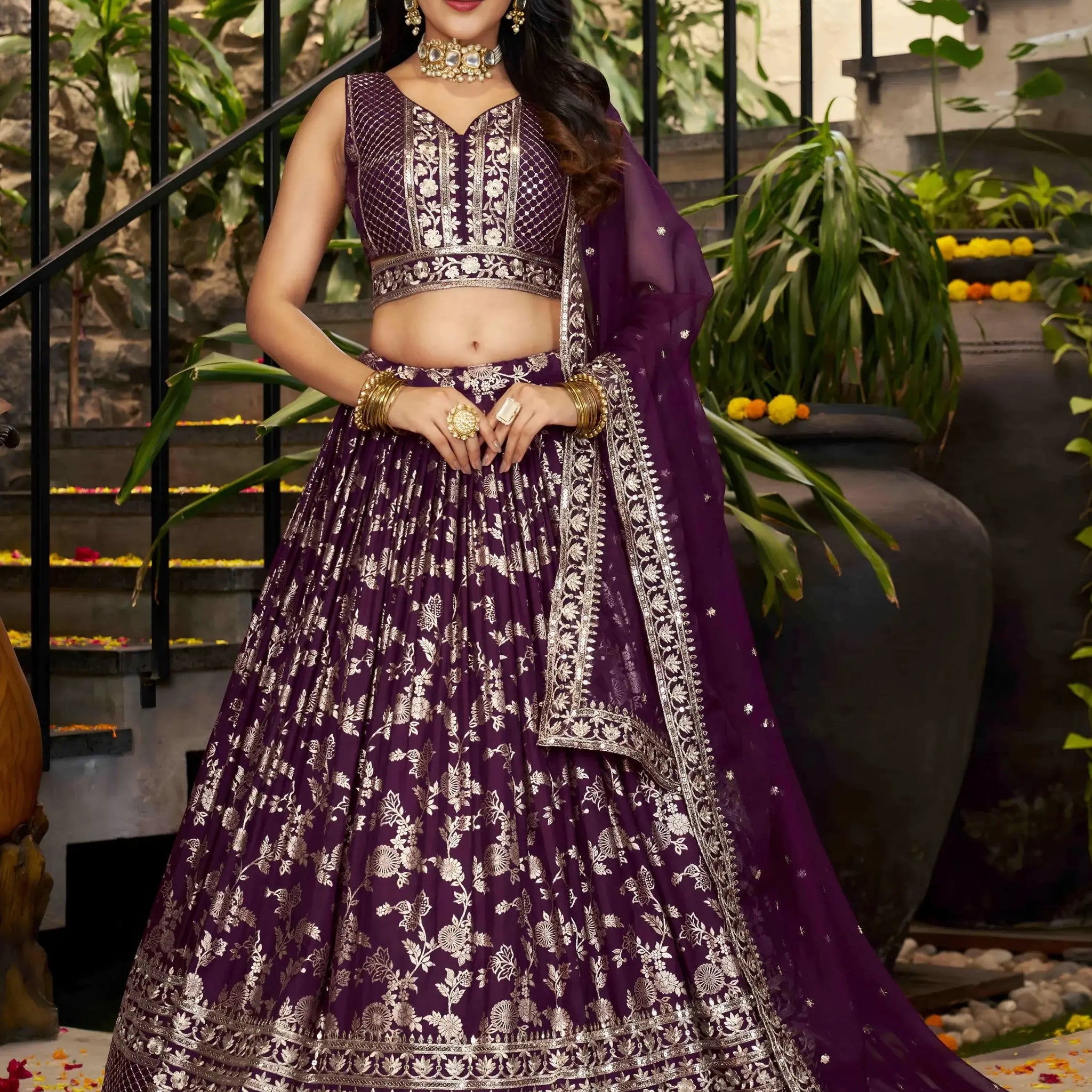 Dazzling Wine Silk Thread Embroidery Party Wear Lehenga Choli - Zeel Clothing
