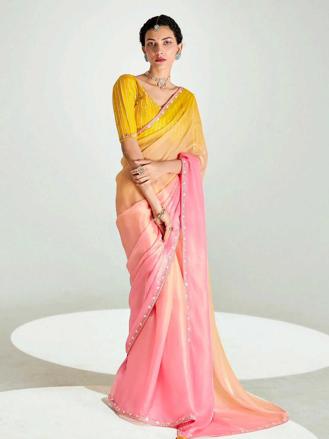Dazzling Yellow Border Work Organza Haldi Wear Saree With Blouse - Zeel Clothing