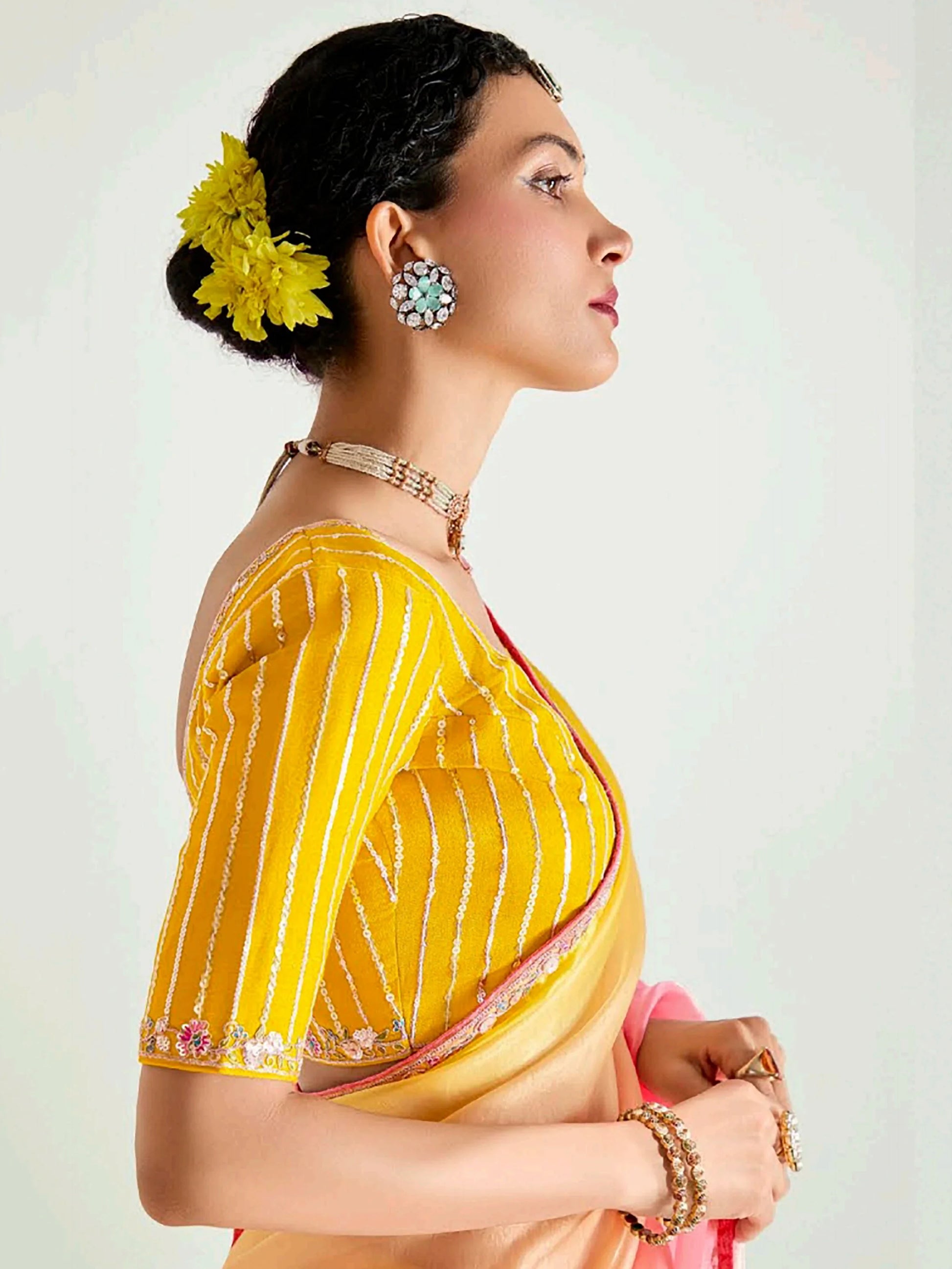 Dazzling Yellow Border Work Organza Haldi Wear Saree With Blouse - Zeel Clothing