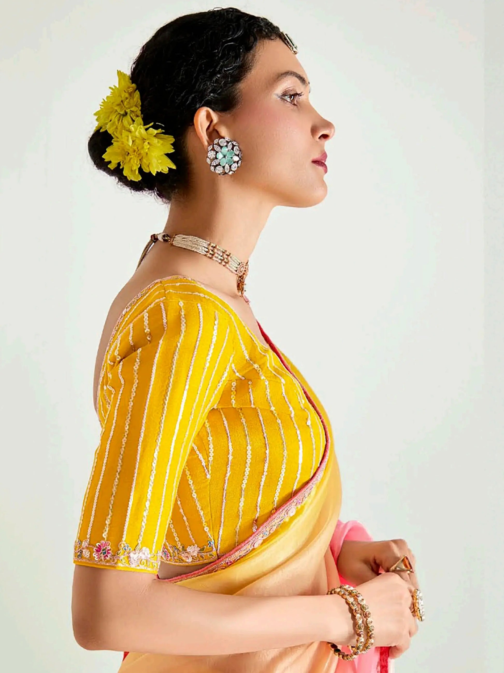 Dazzling Yellow Border Work Organza Haldi Wear Saree With Blouse - Zeel Clothing