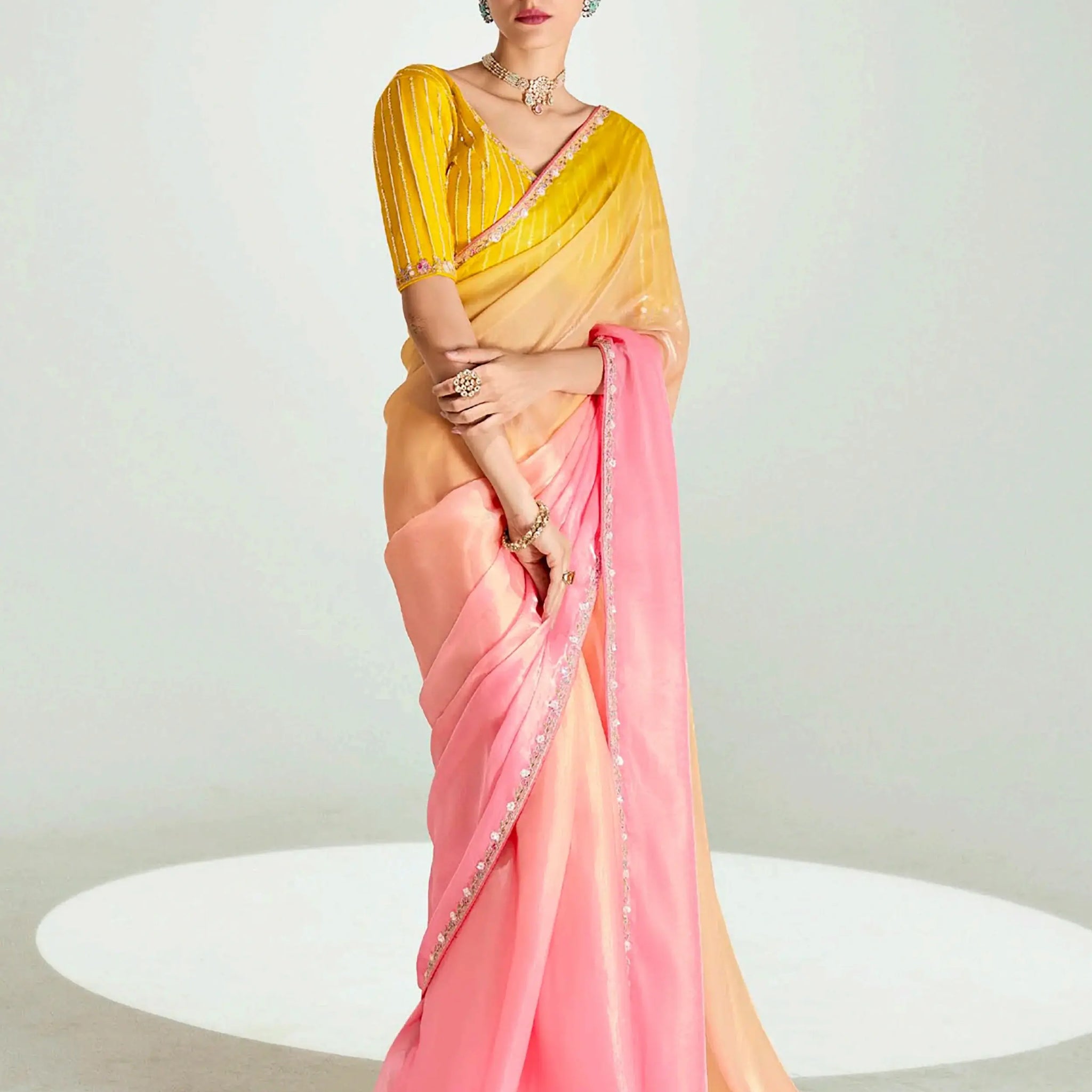 Dazzling Yellow Border Work Organza Haldi Wear Saree With Blouse - Zeel Clothing