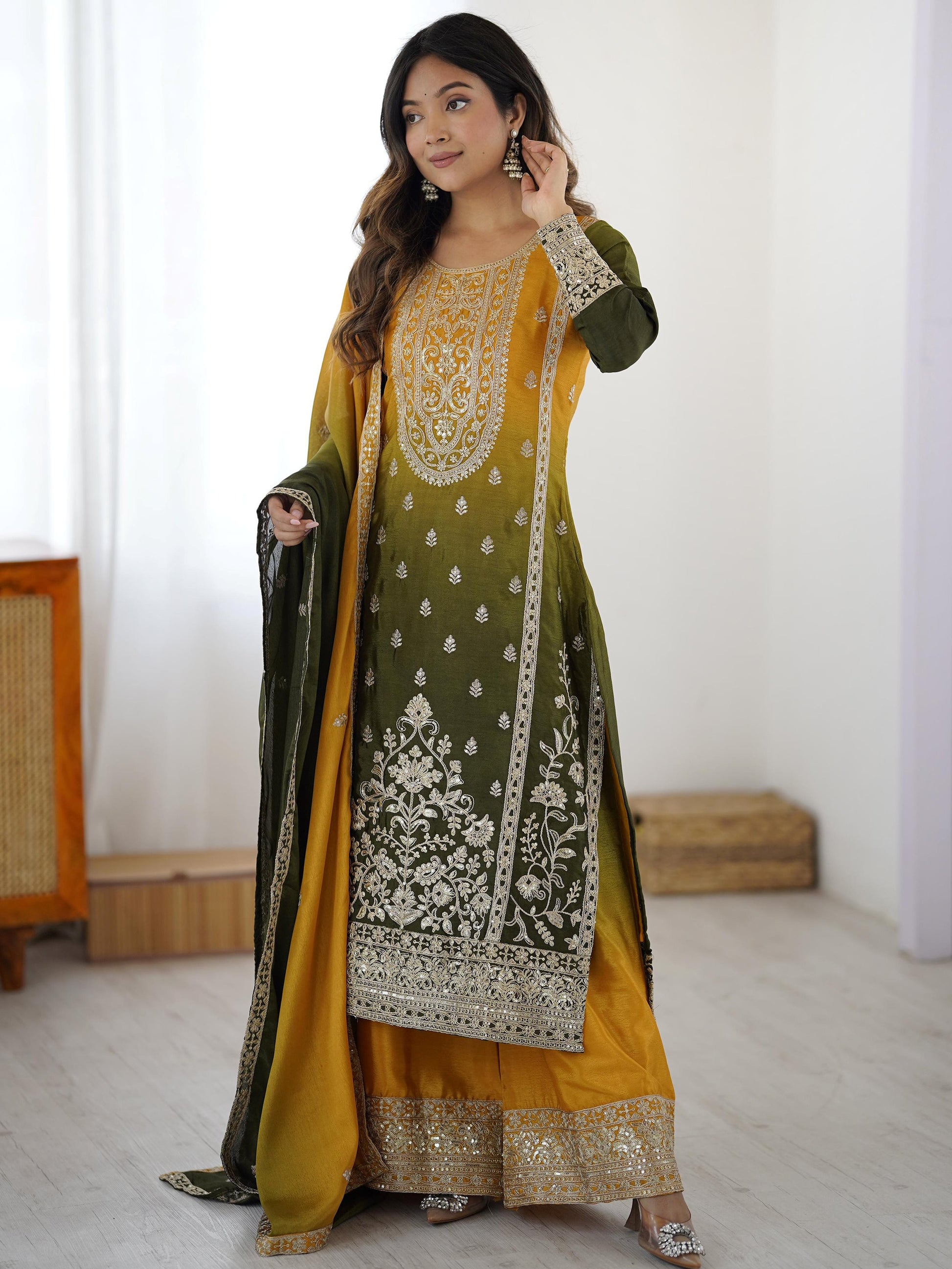 Dazzling Yellow Coding Work Chinon Haldi Wear Sharara Suit With Dupatta